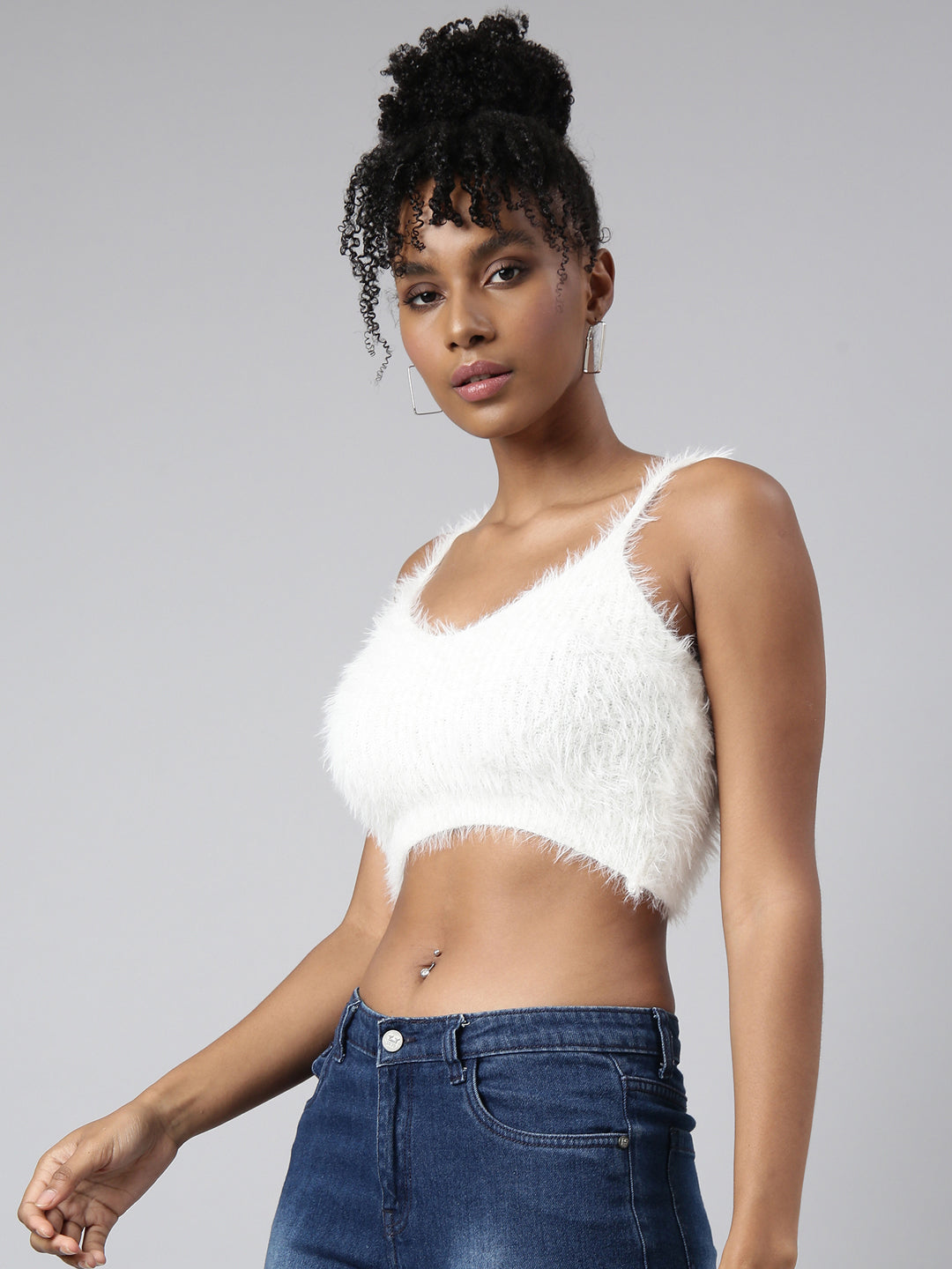 Women Solid Off White Crop Cardigan