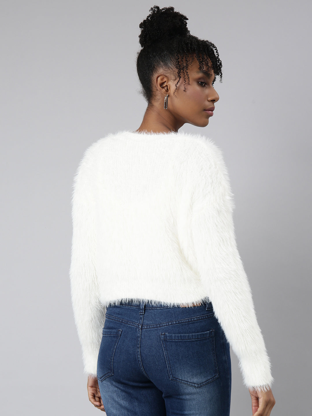 Women Solid Off White Crop Cardigan