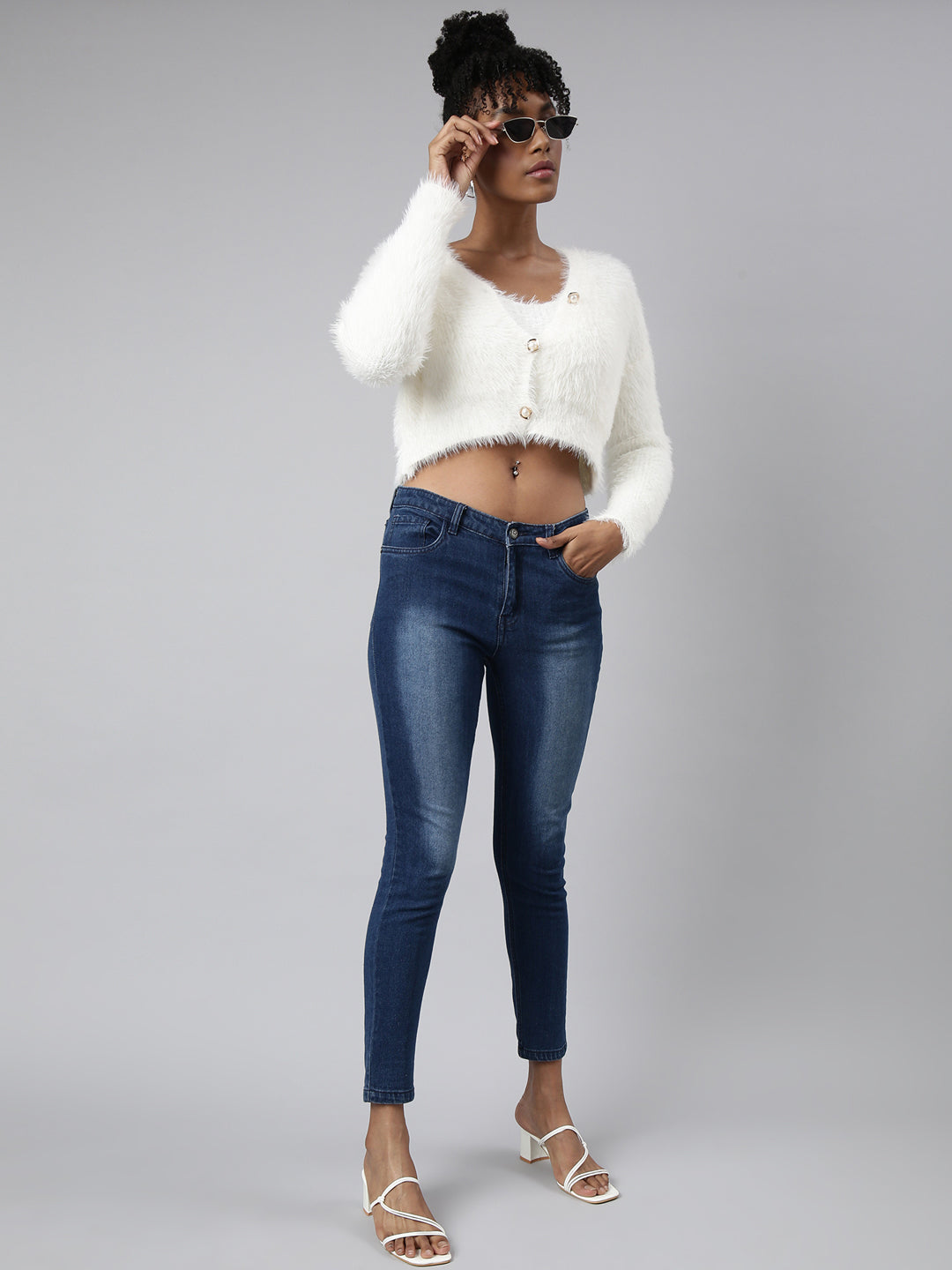 Women Solid Off White Crop Cardigan