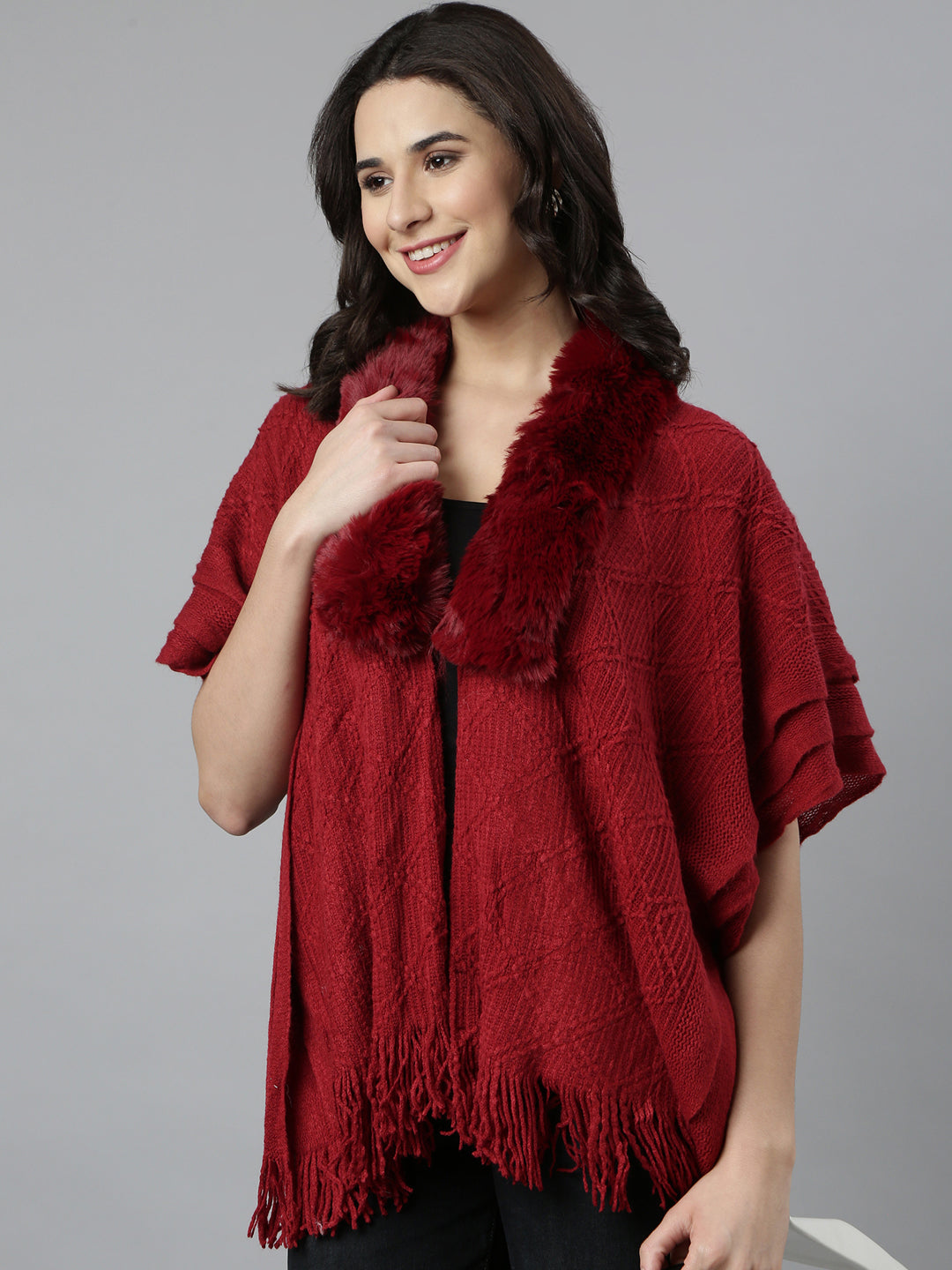 Women Self Design Longline Maroon Poncho