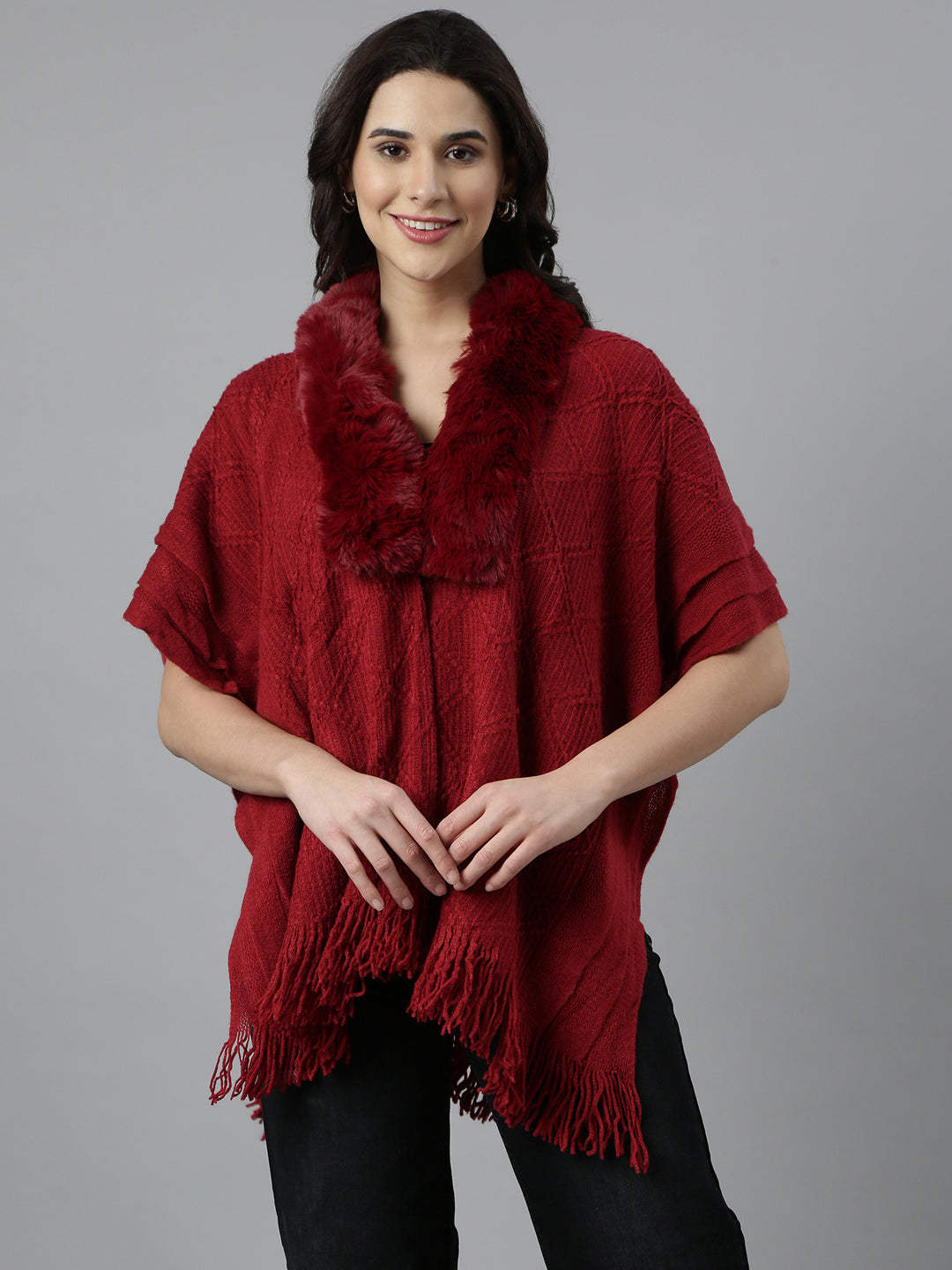 Women Self Design Longline Maroon Poncho