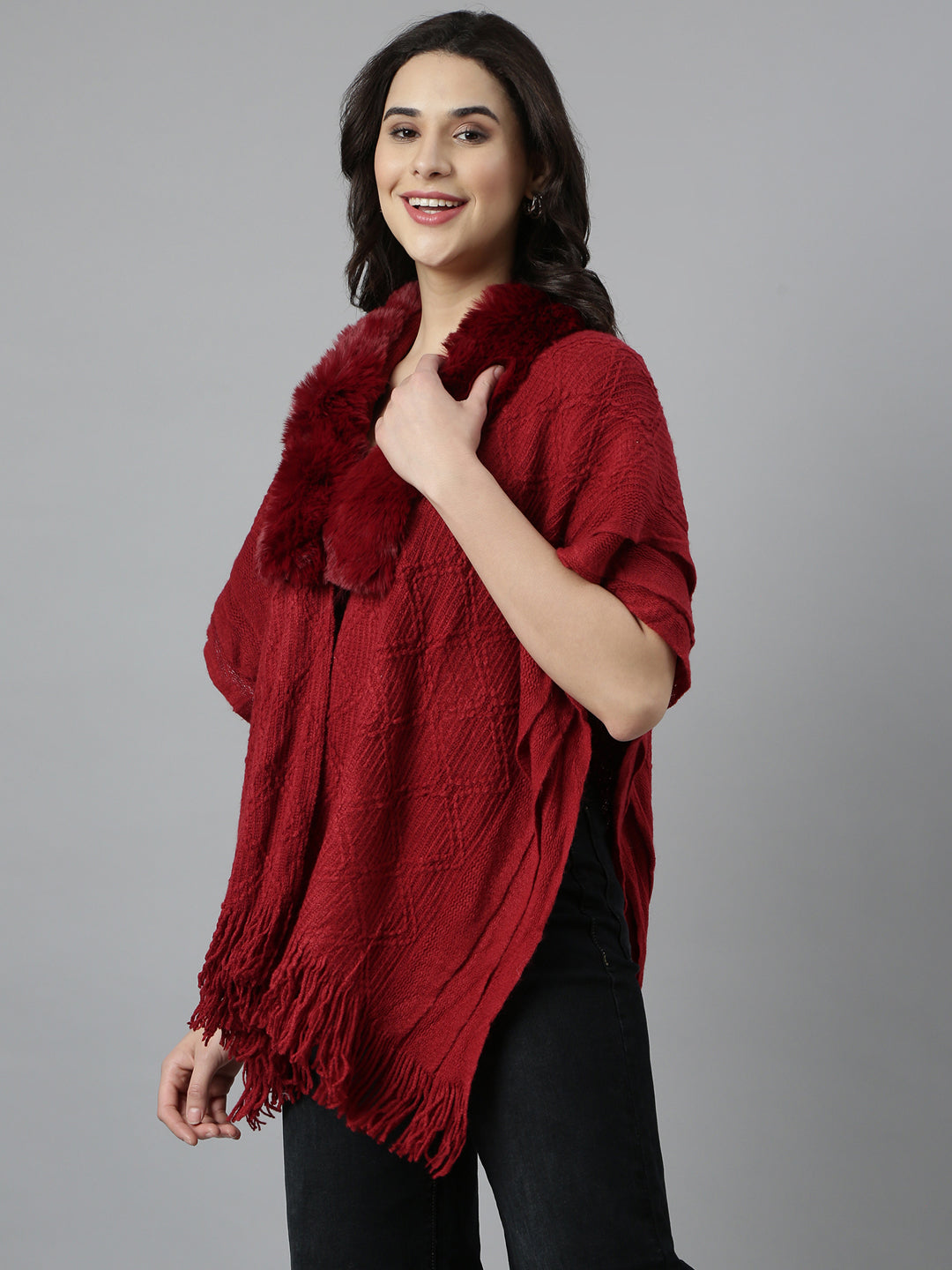 Women Self Design Longline Maroon Poncho