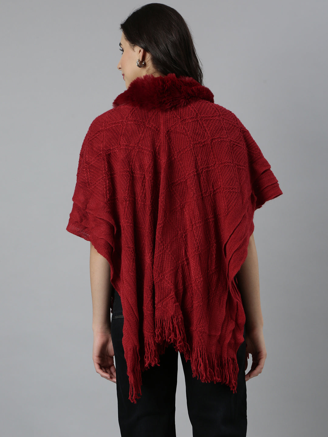 Women Self Design Longline Maroon Poncho