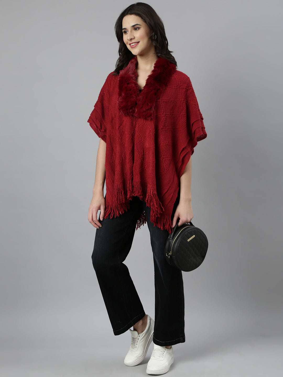 Women Self Design Longline Maroon Poncho