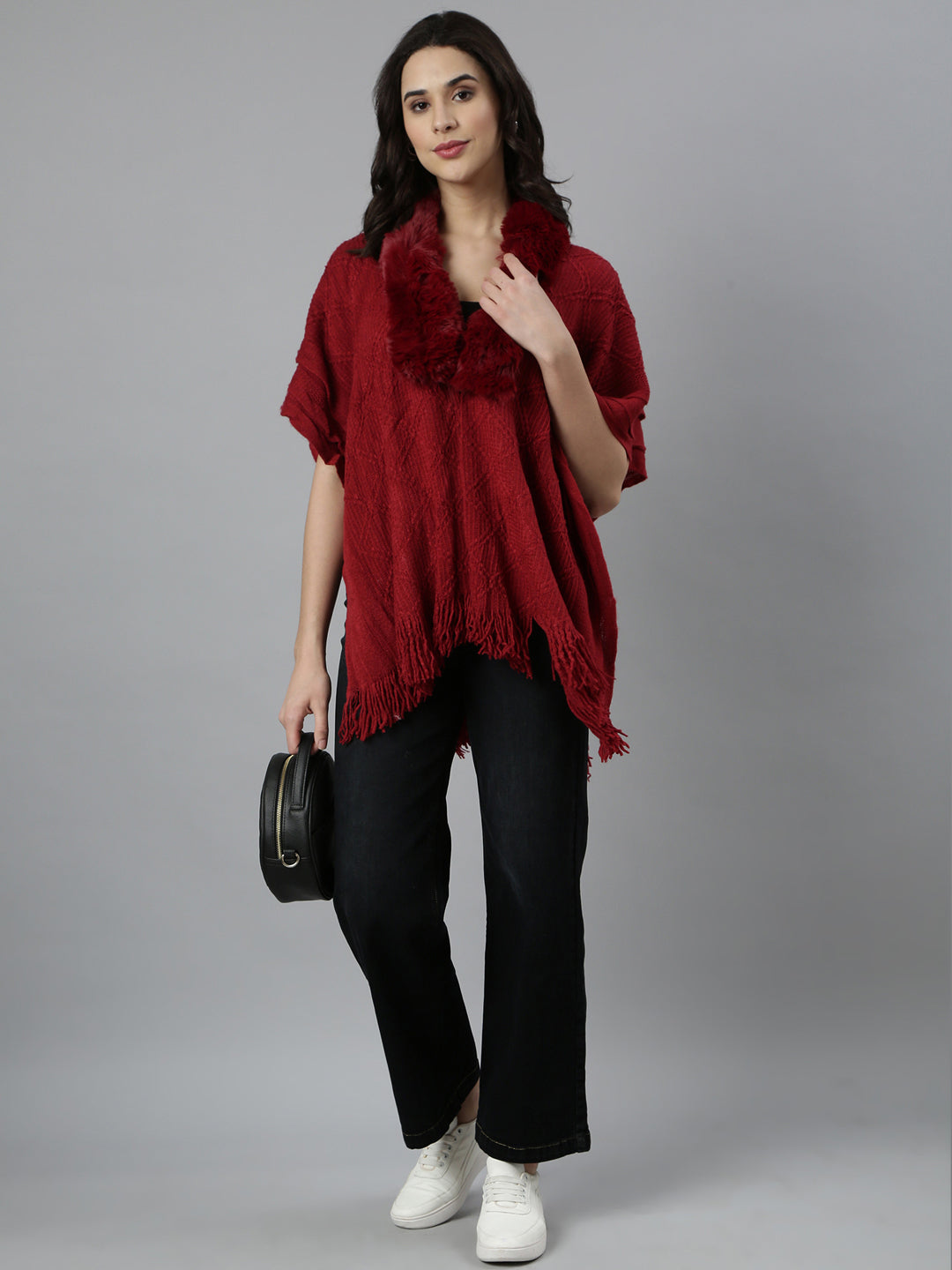 Women Self Design Longline Maroon Poncho