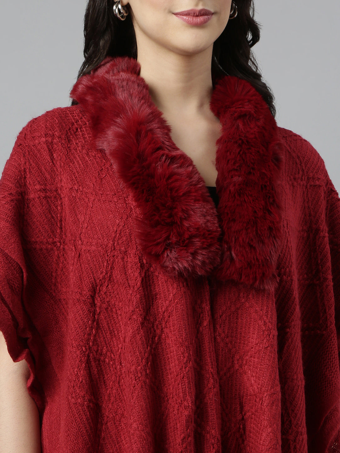 Women Self Design Longline Maroon Poncho