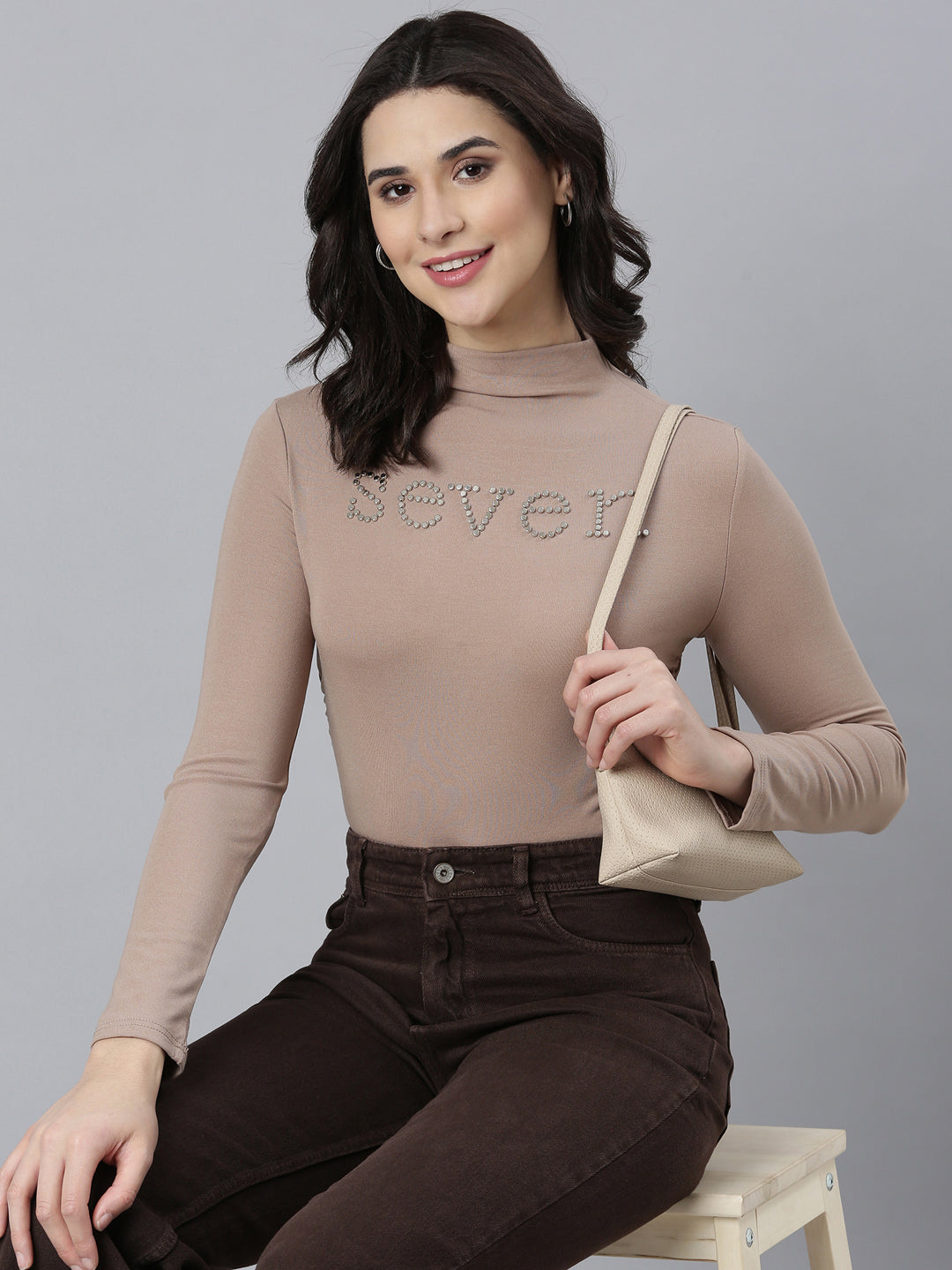 Women Solid Beige Fitted Top