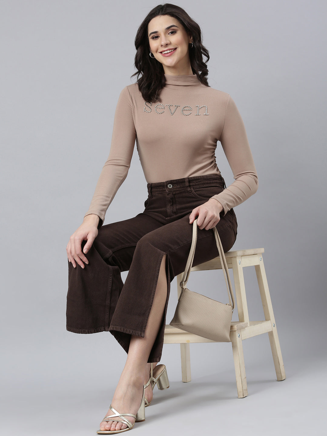 Women Solid Beige Fitted Top