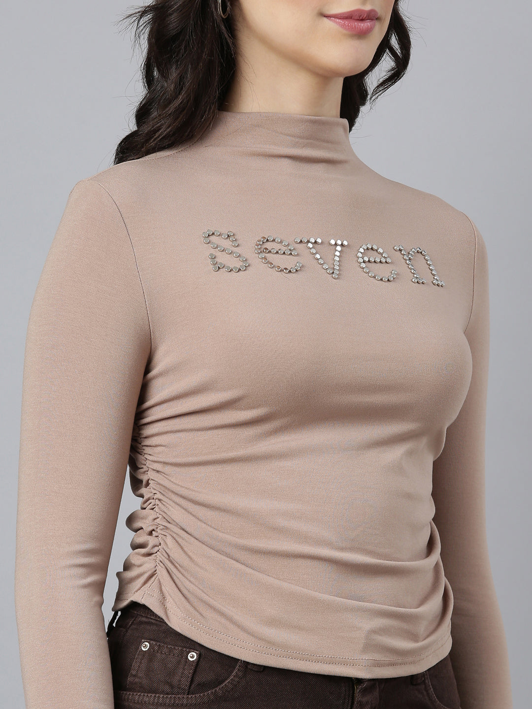 Women Solid Beige Fitted Top