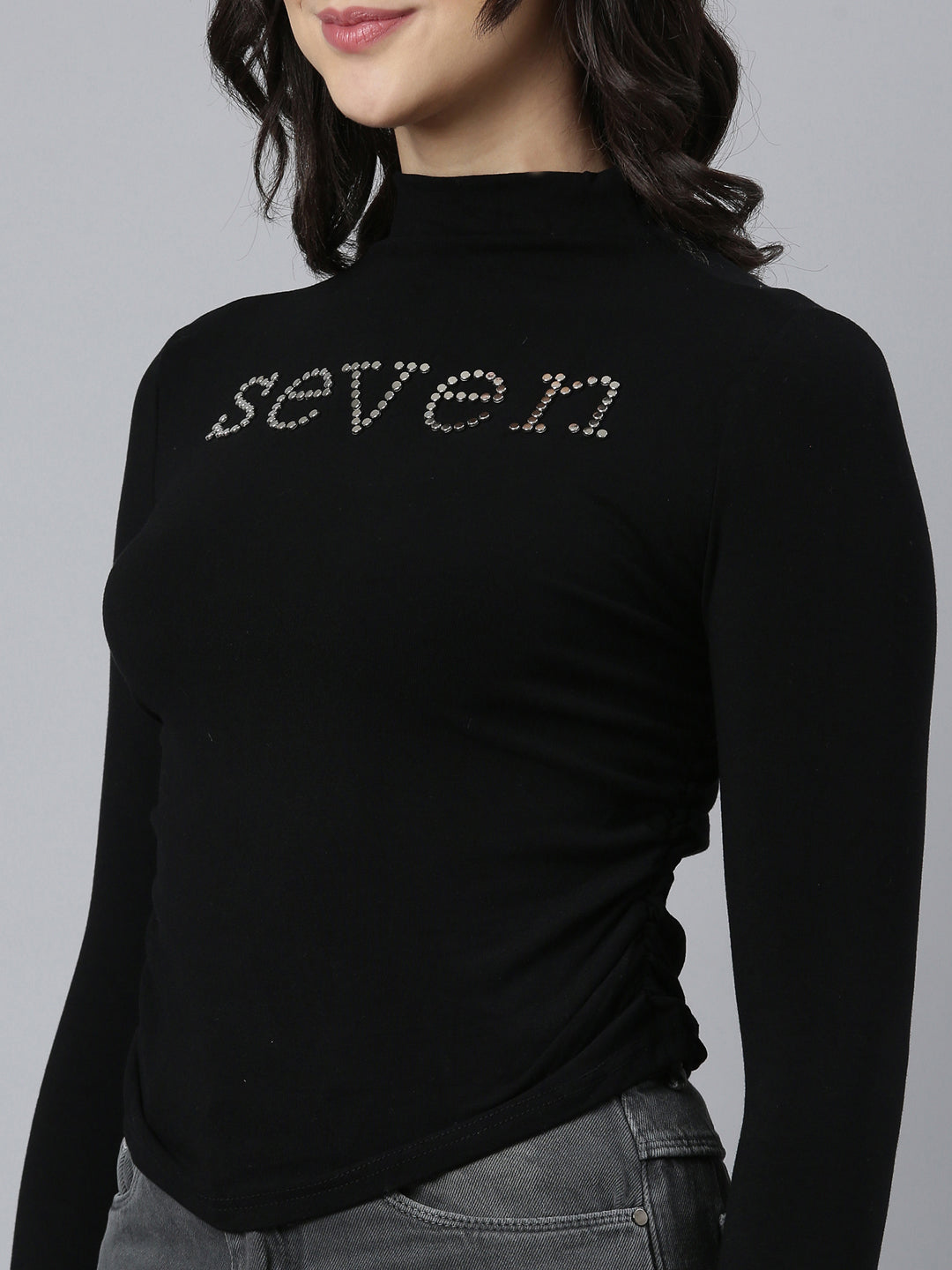 Women Solid Black Fitted Top