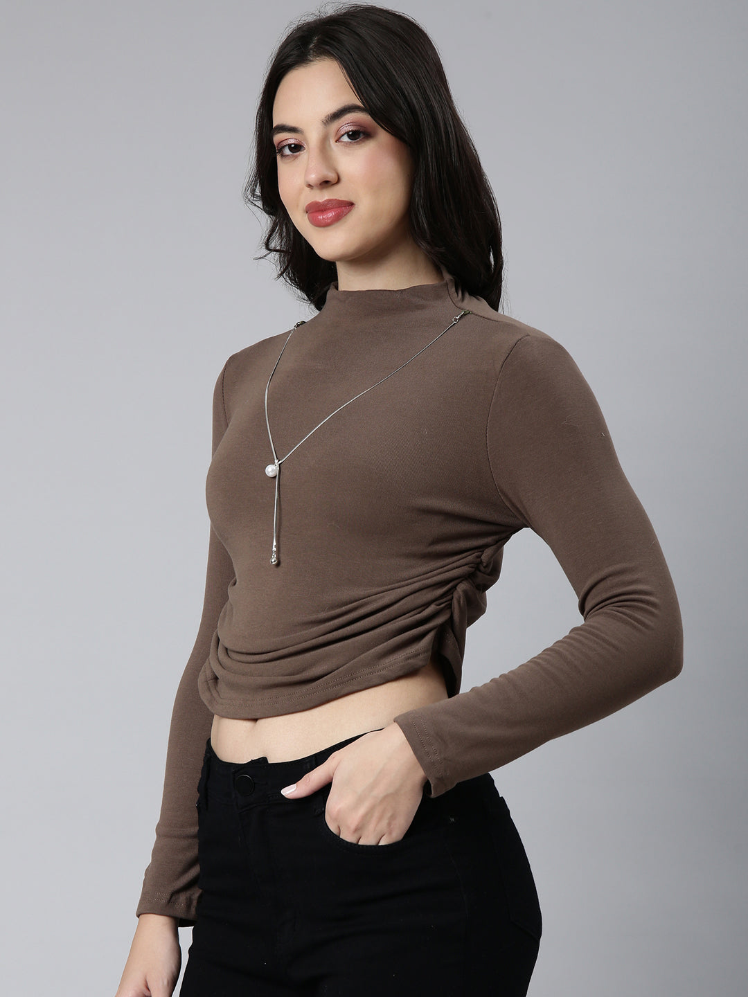 Women Solid Olive Fitted Top Comes with Neck Chain