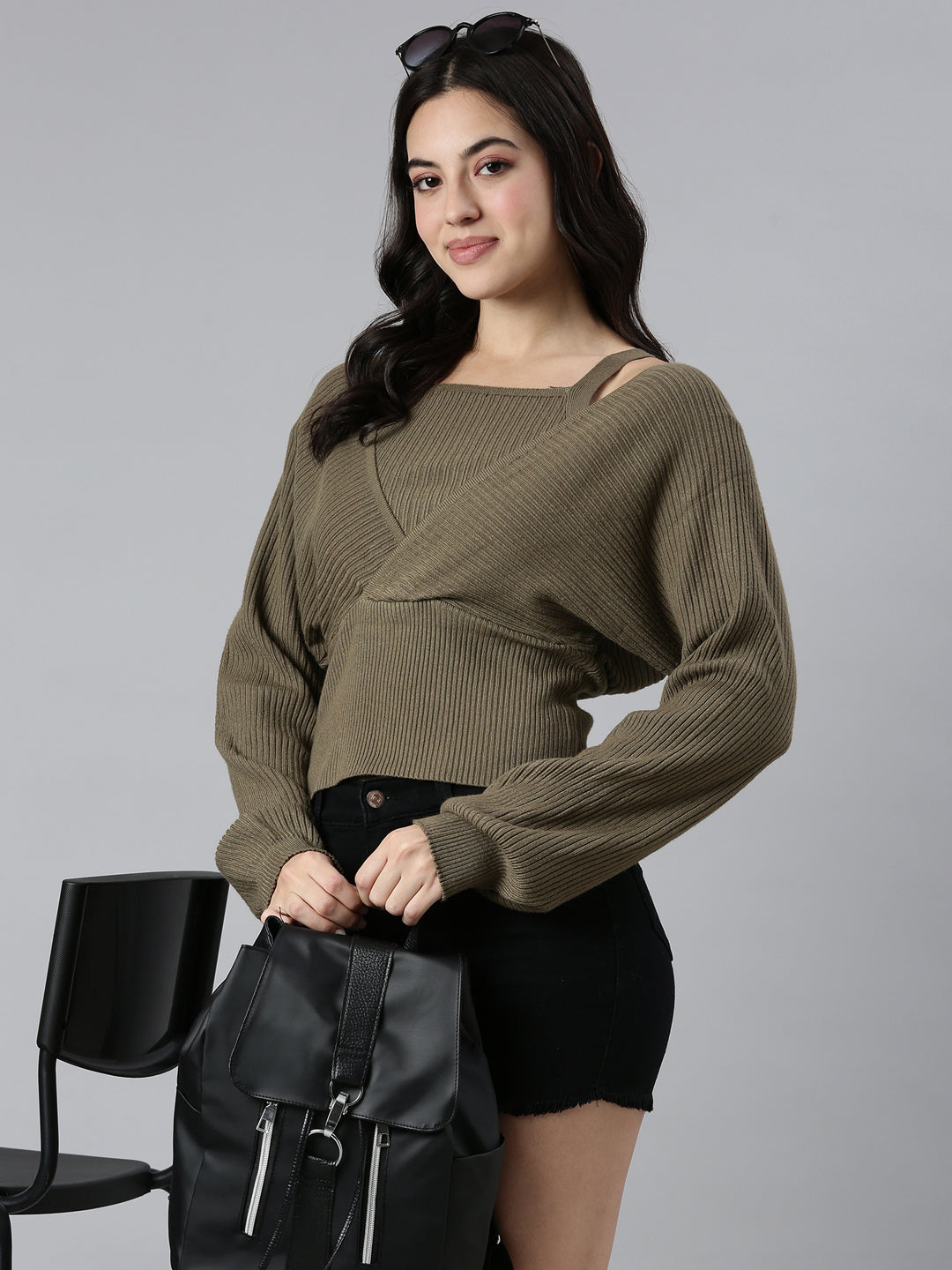 Women's Solid Olive Cinched Waist Top Comes with Attached Inner Top