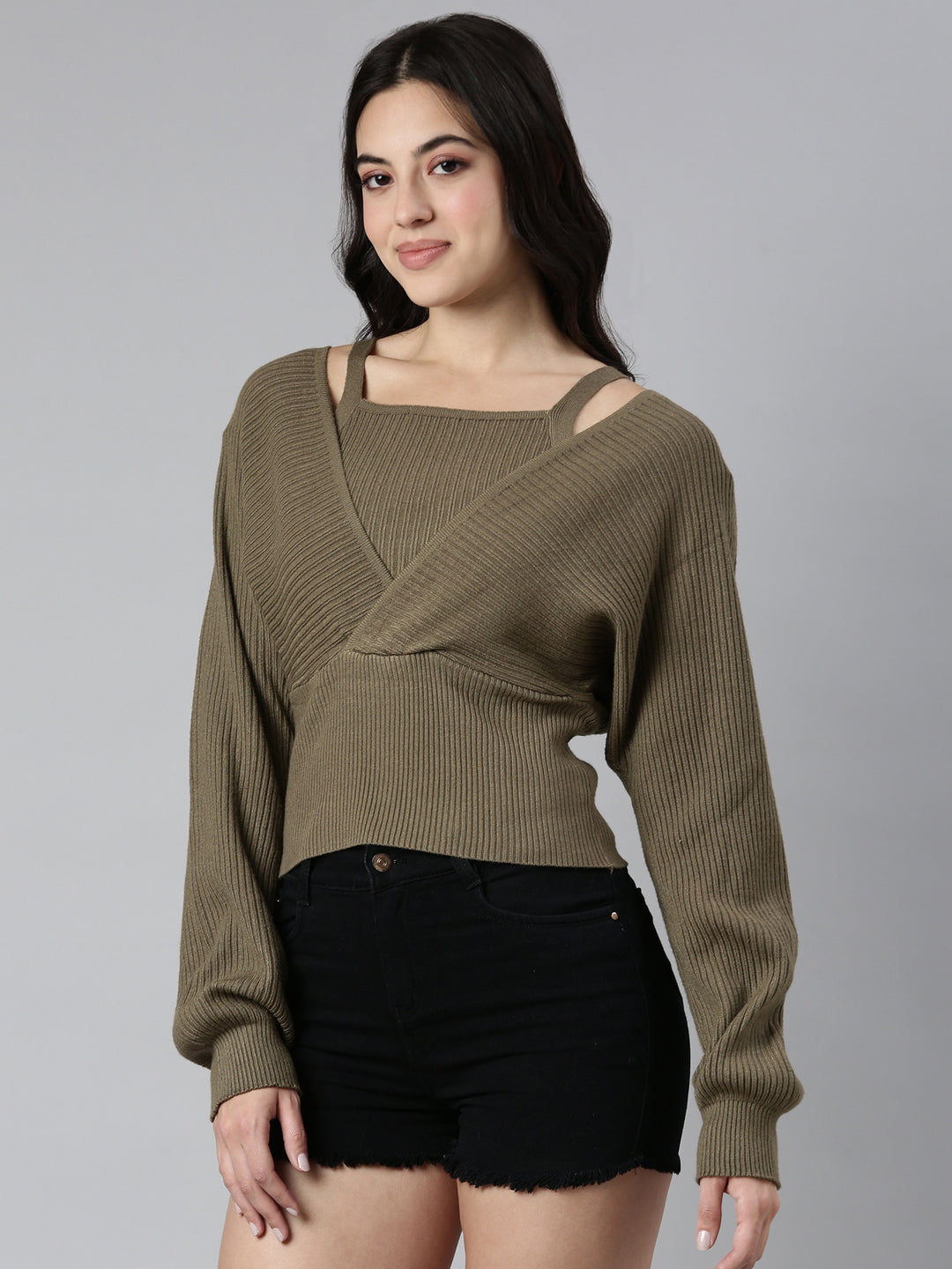 Women's Solid Olive Cinched Waist Top Comes with Attached Inner Top