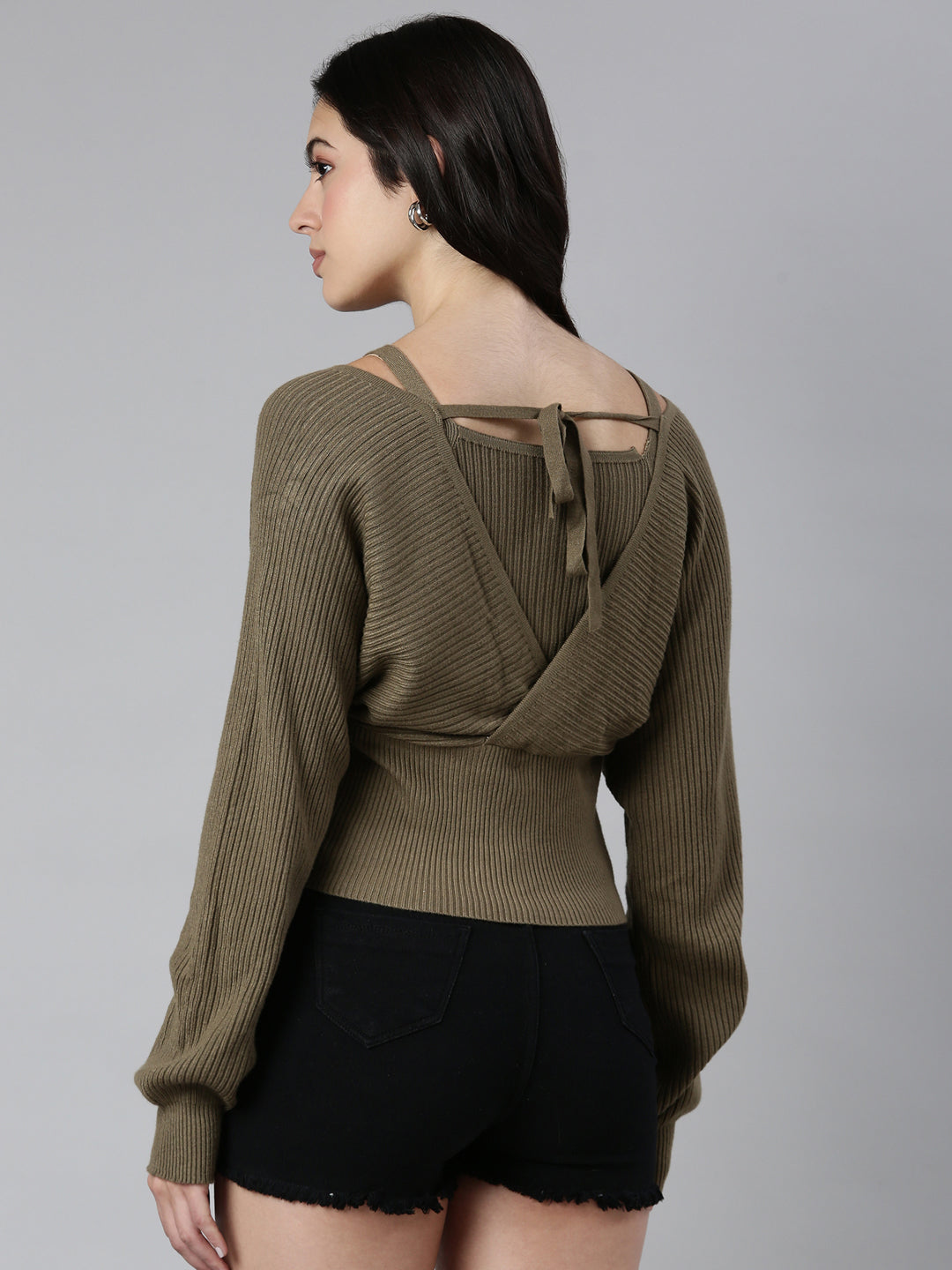 Women's Solid Olive Cinched Waist Top Comes with Attached Inner Top