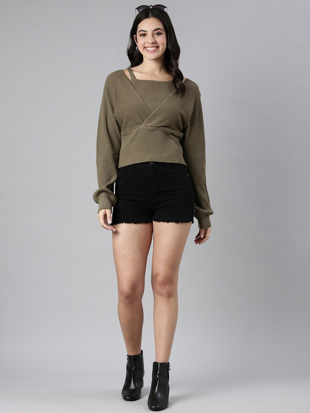 Women's Solid Olive Cinched Waist Top Comes with Attached Inner Top