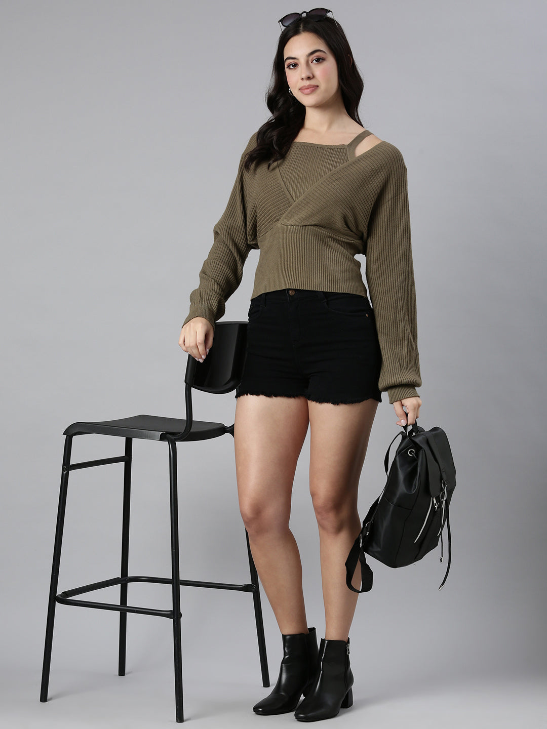 Women's Solid Olive Cinched Waist Top Comes with Attached Inner Top