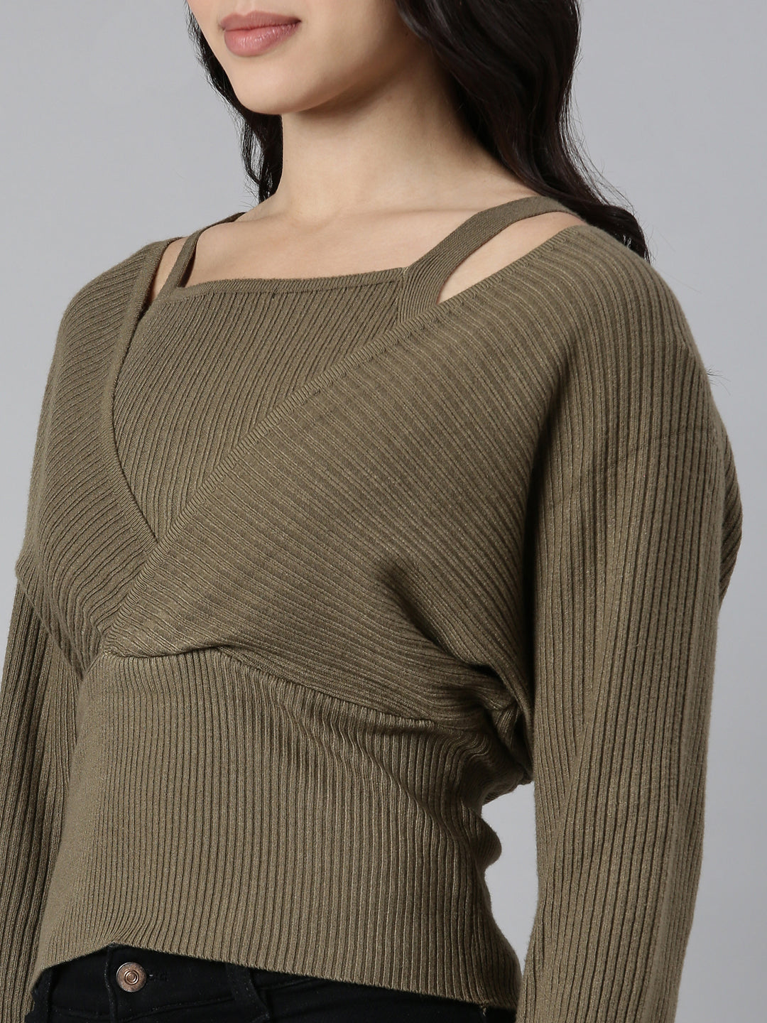 Women's Solid Olive Cinched Waist Top Comes with Attached Inner Top