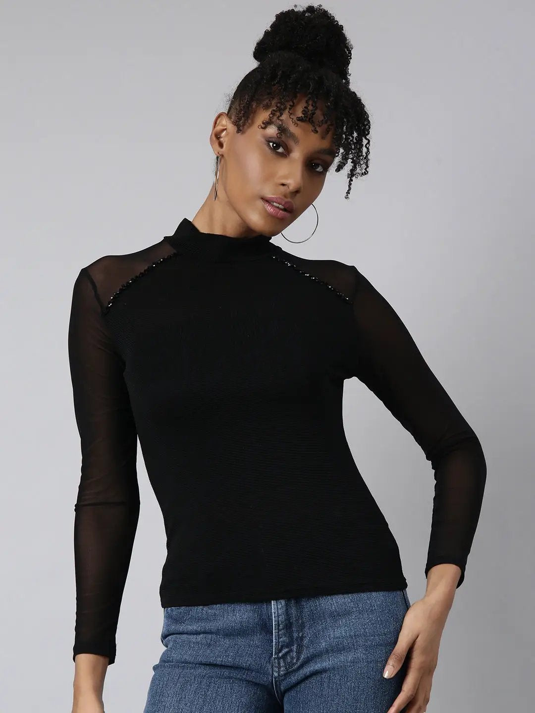 Women's Black Solid Fitted Top