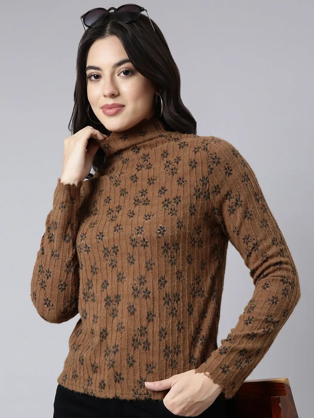 Women's Self Design Brown Top