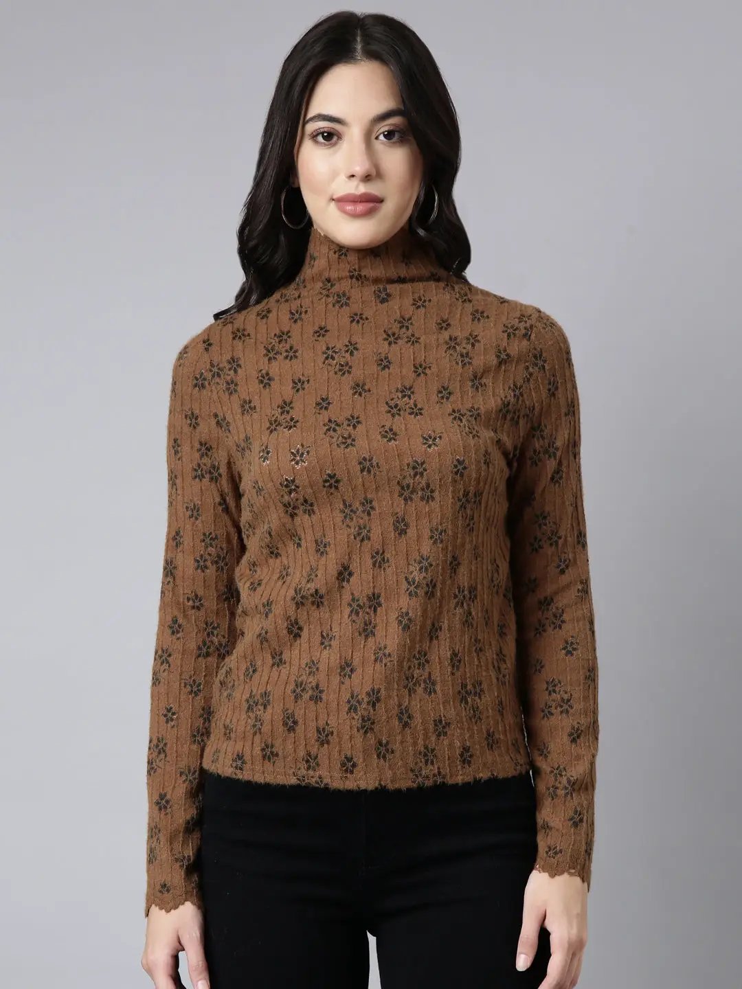 Women's Self Design Brown Top