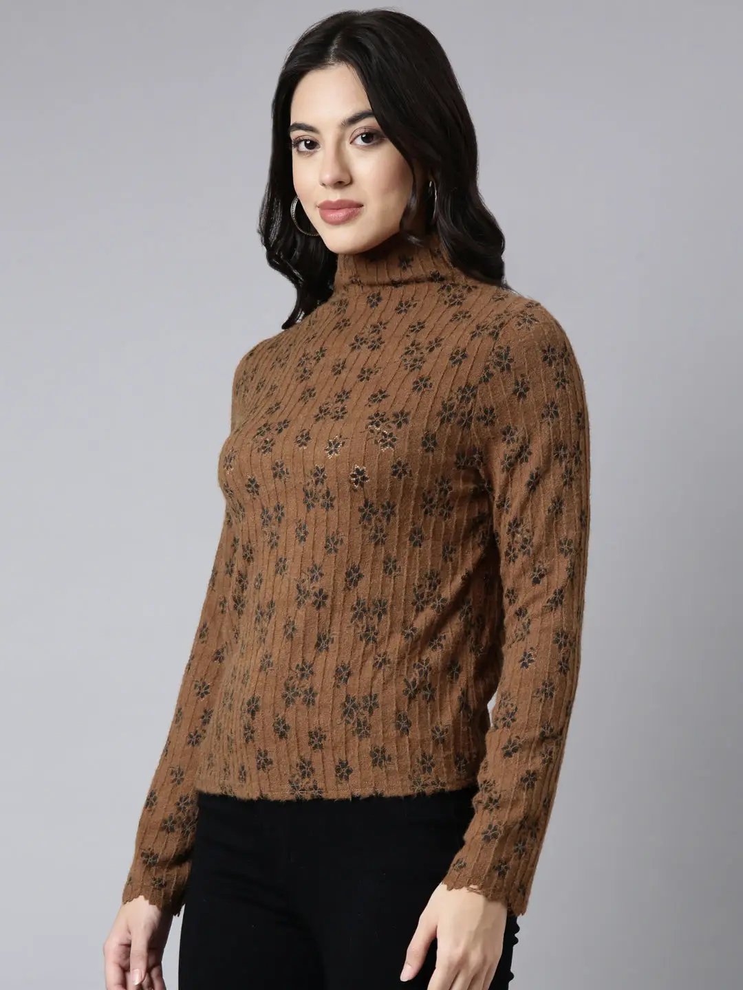 Women's Self Design Brown Top