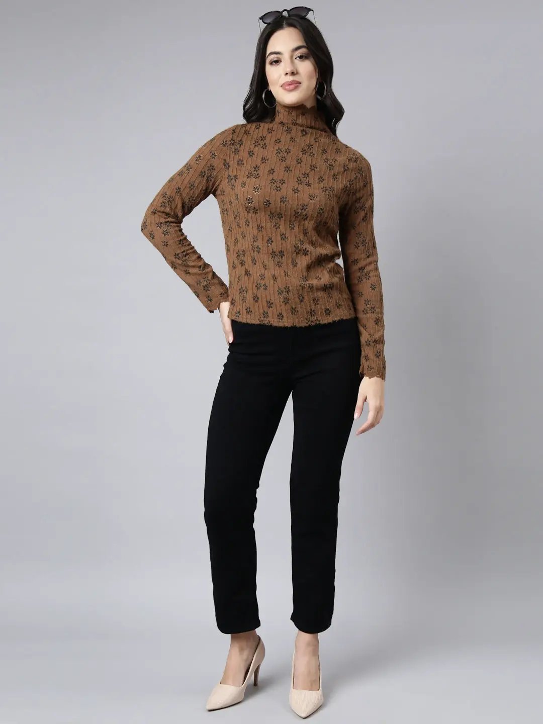 Women's Self Design Brown Top