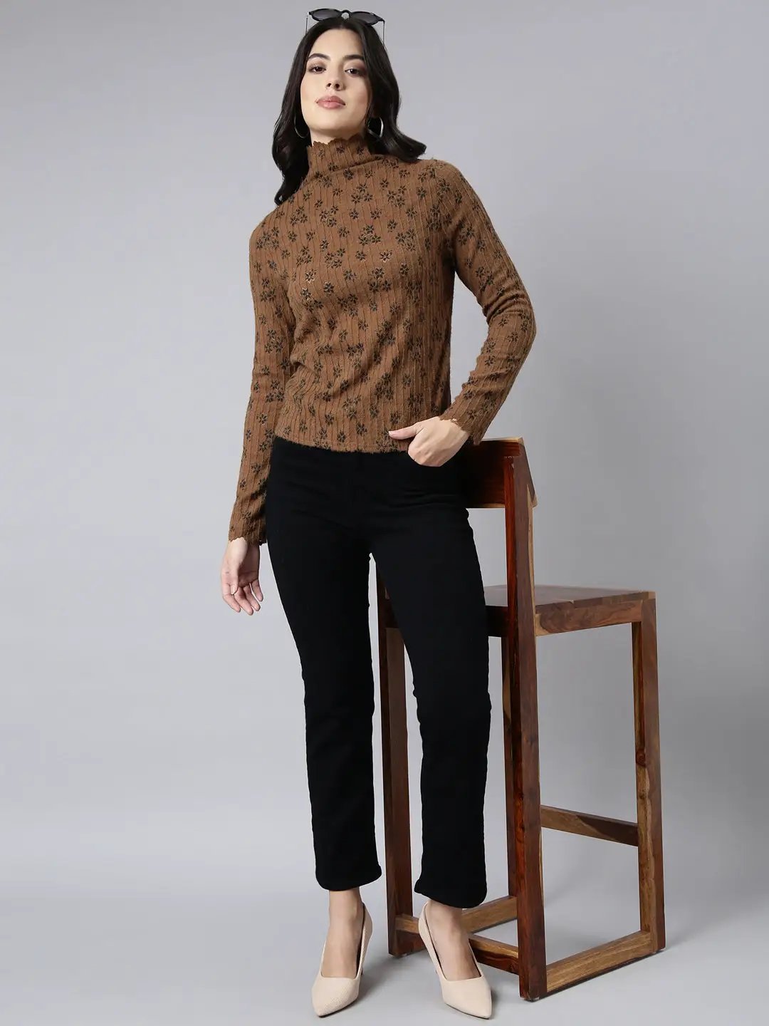 Women's Self Design Brown Top