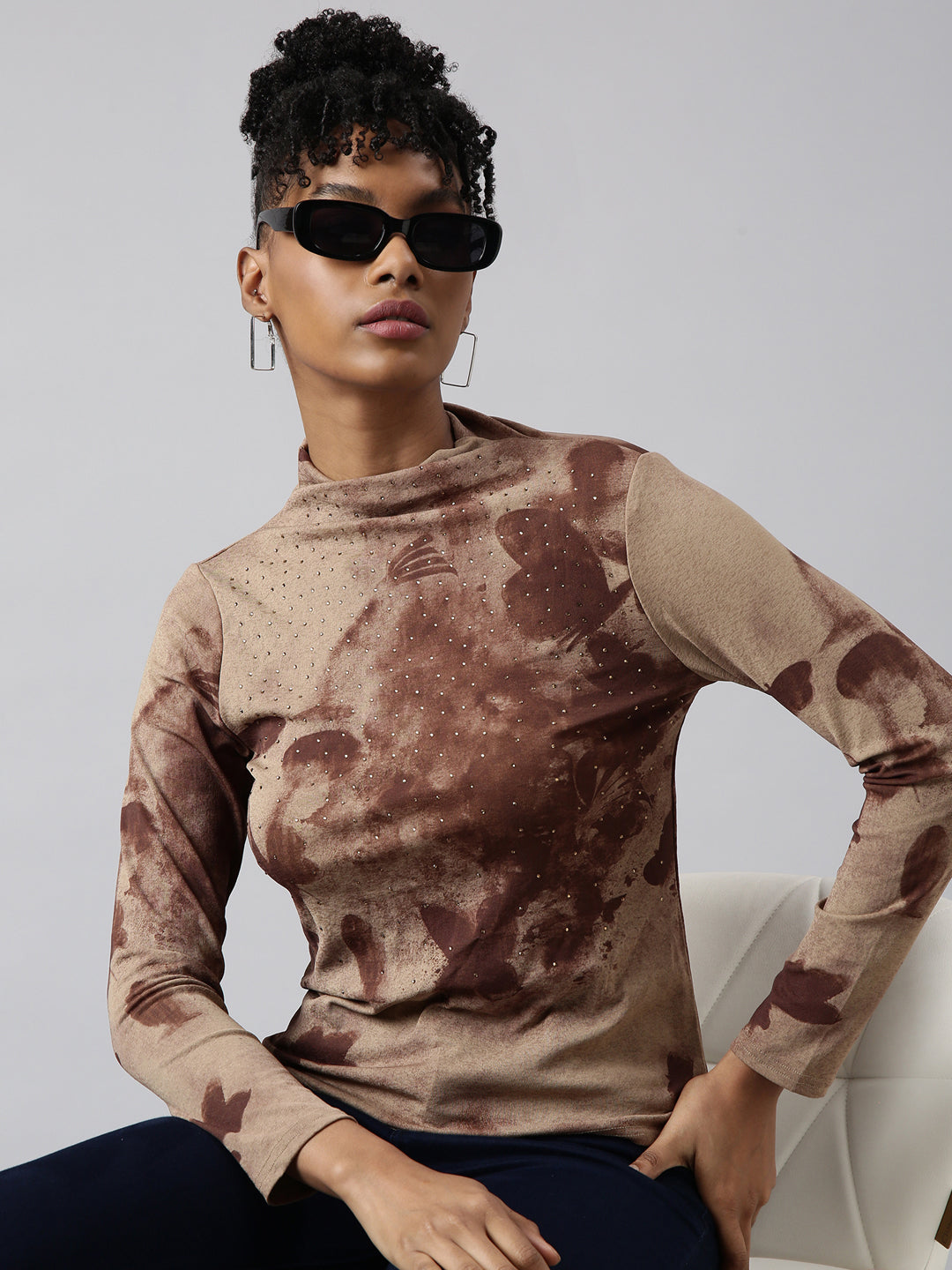 Women Brown Abstract Fitted Top