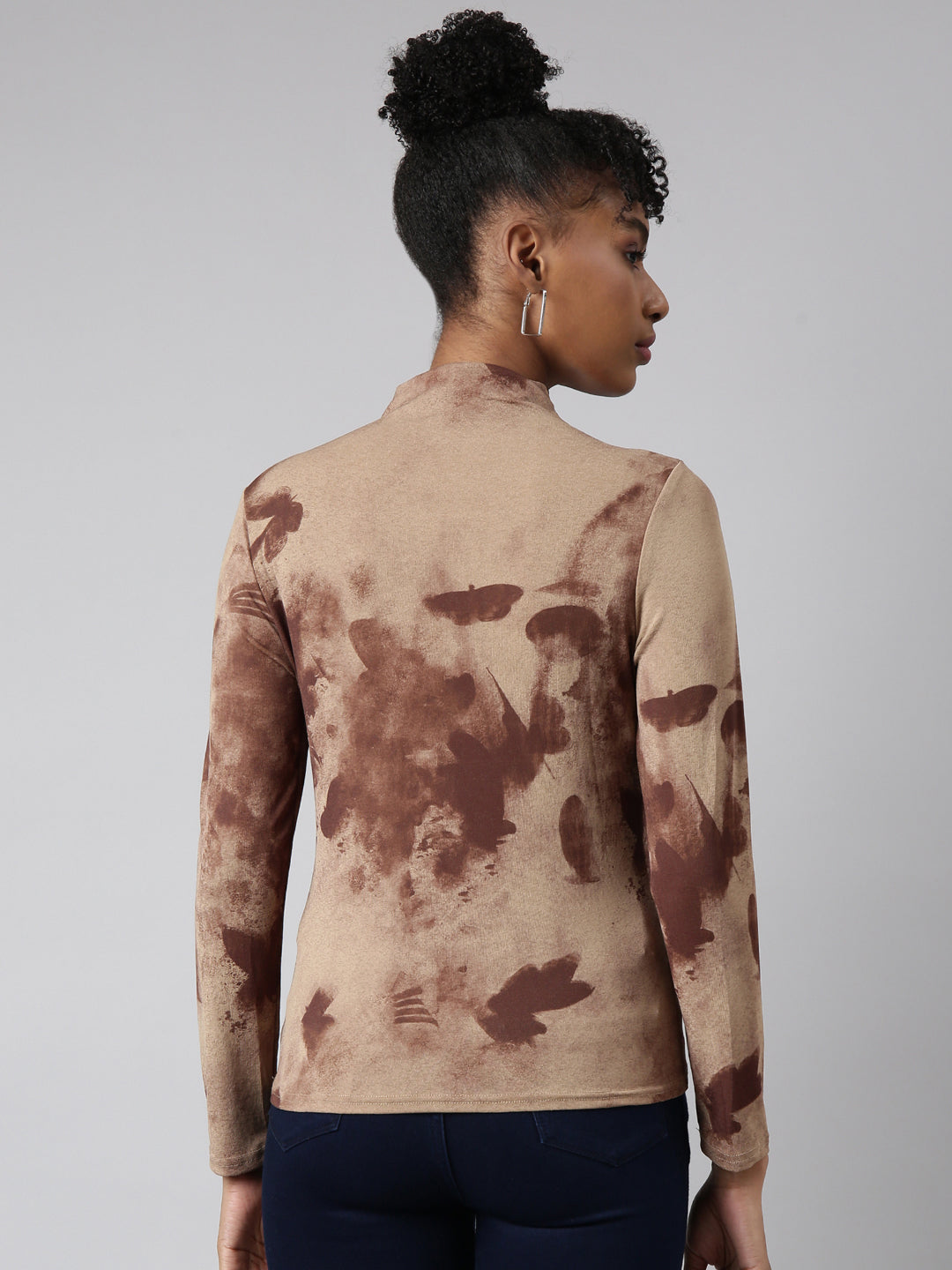 Women Brown Abstract Fitted Top