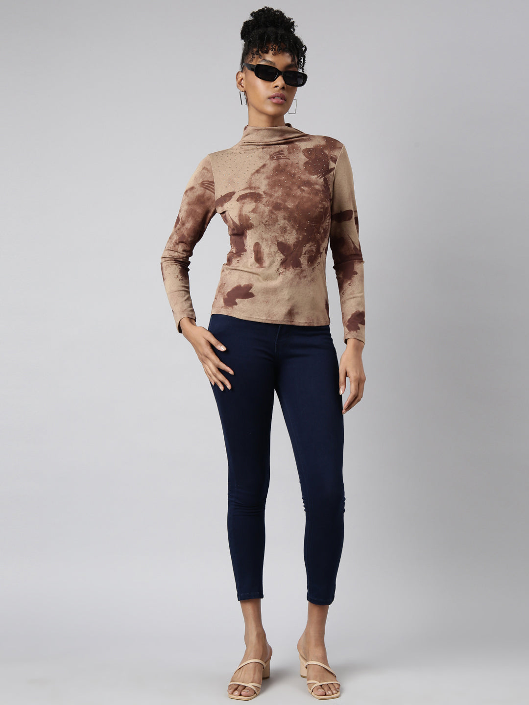 Women Brown Abstract Fitted Top