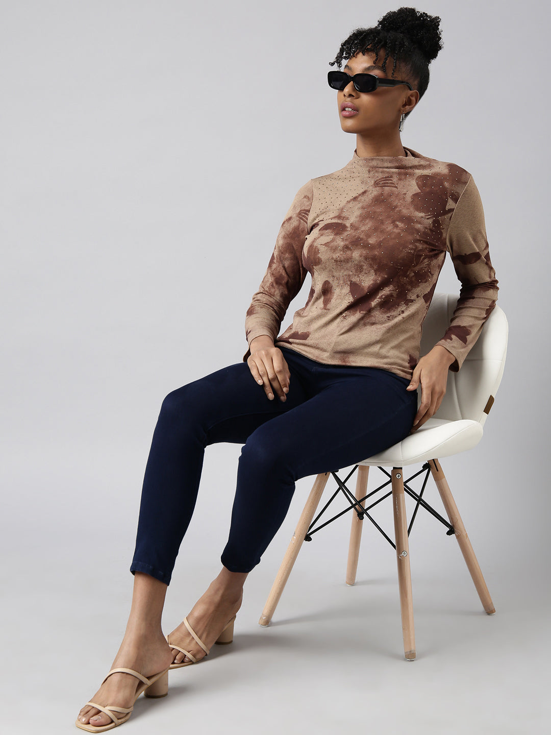 Women Brown Abstract Fitted Top