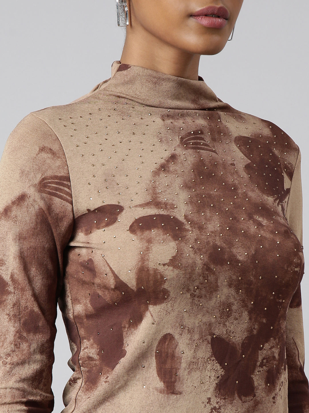 Women Brown Abstract Fitted Top