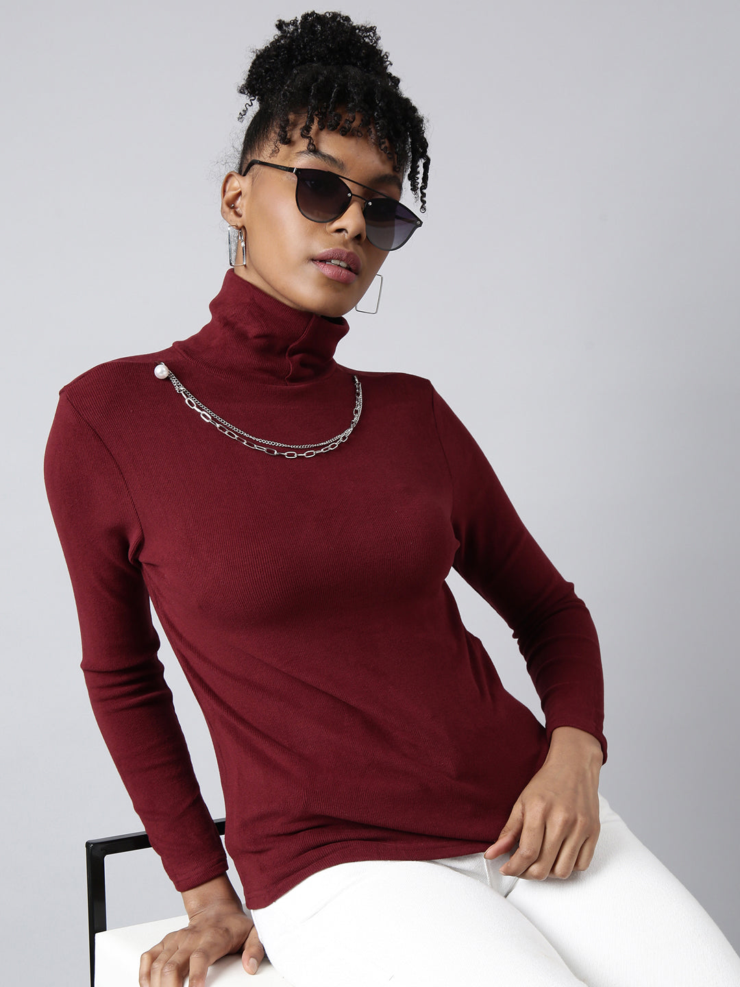 Women Maroon Solid Top