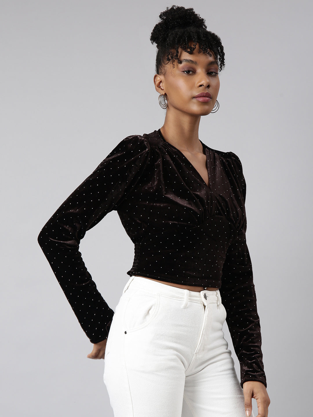 Women Brown Solid Empire Crop Top