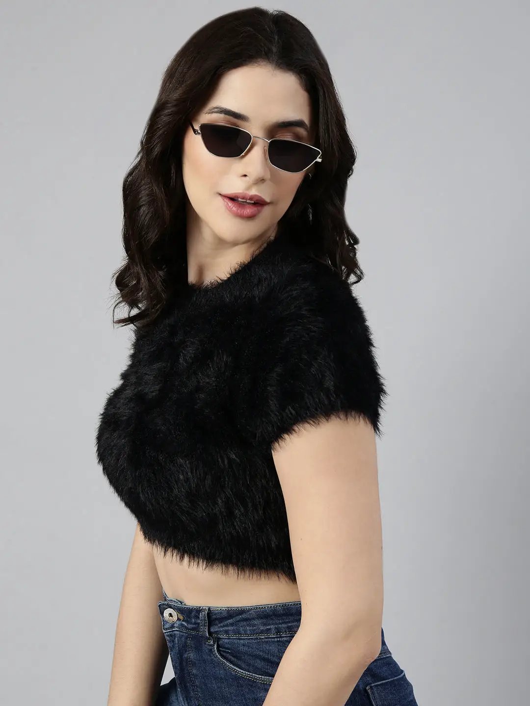 Women's Black Self Design Fitted Crop Top