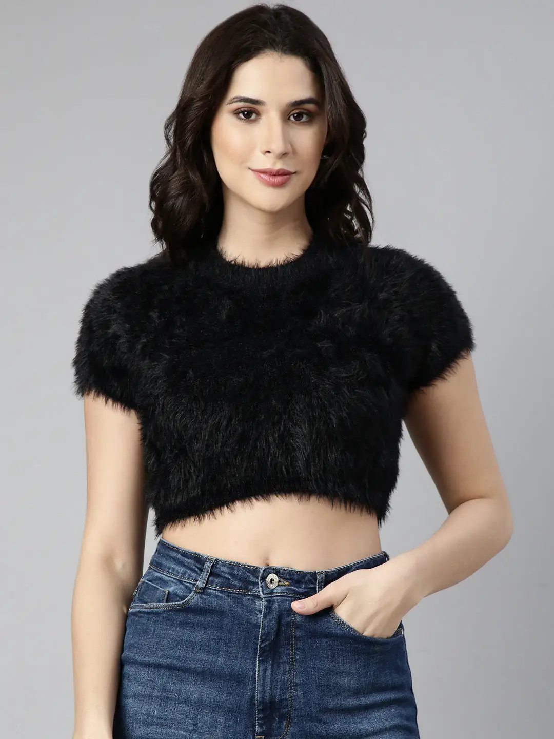 Women's Black Self Design Fitted Crop Top