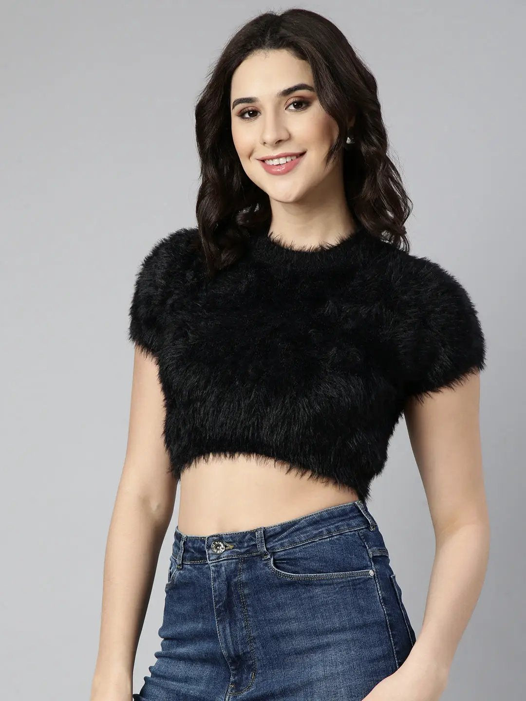 Women's Black Self Design Fitted Crop Top