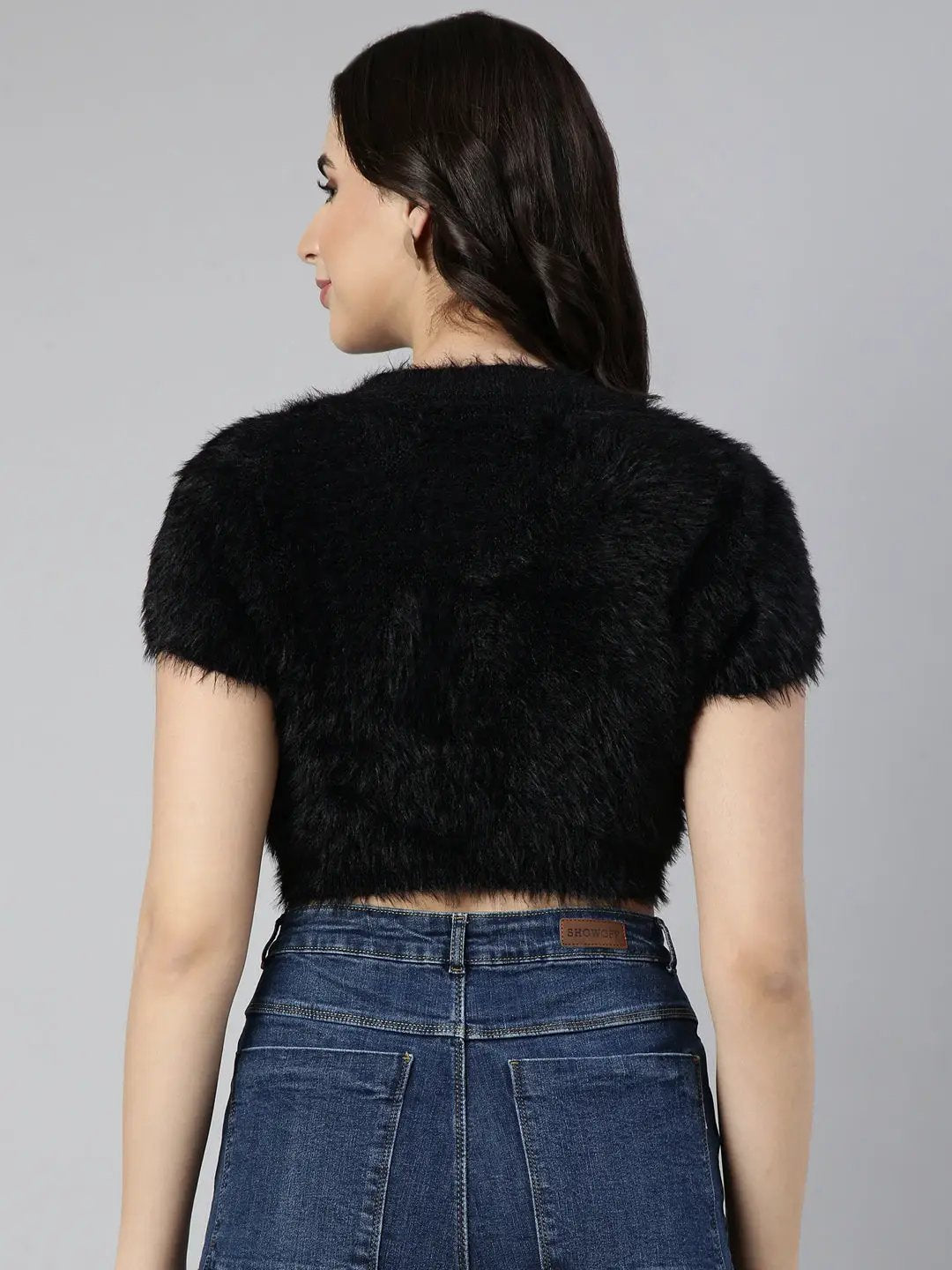 Women's Black Self Design Fitted Crop Top