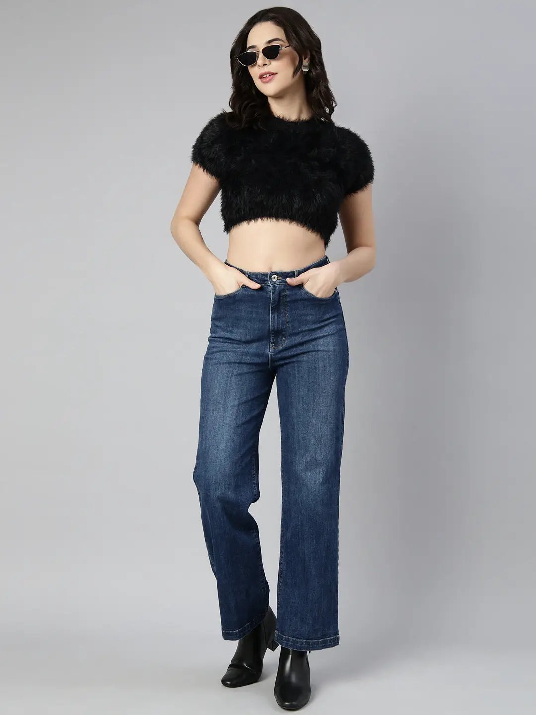Women's Black Self Design Fitted Crop Top