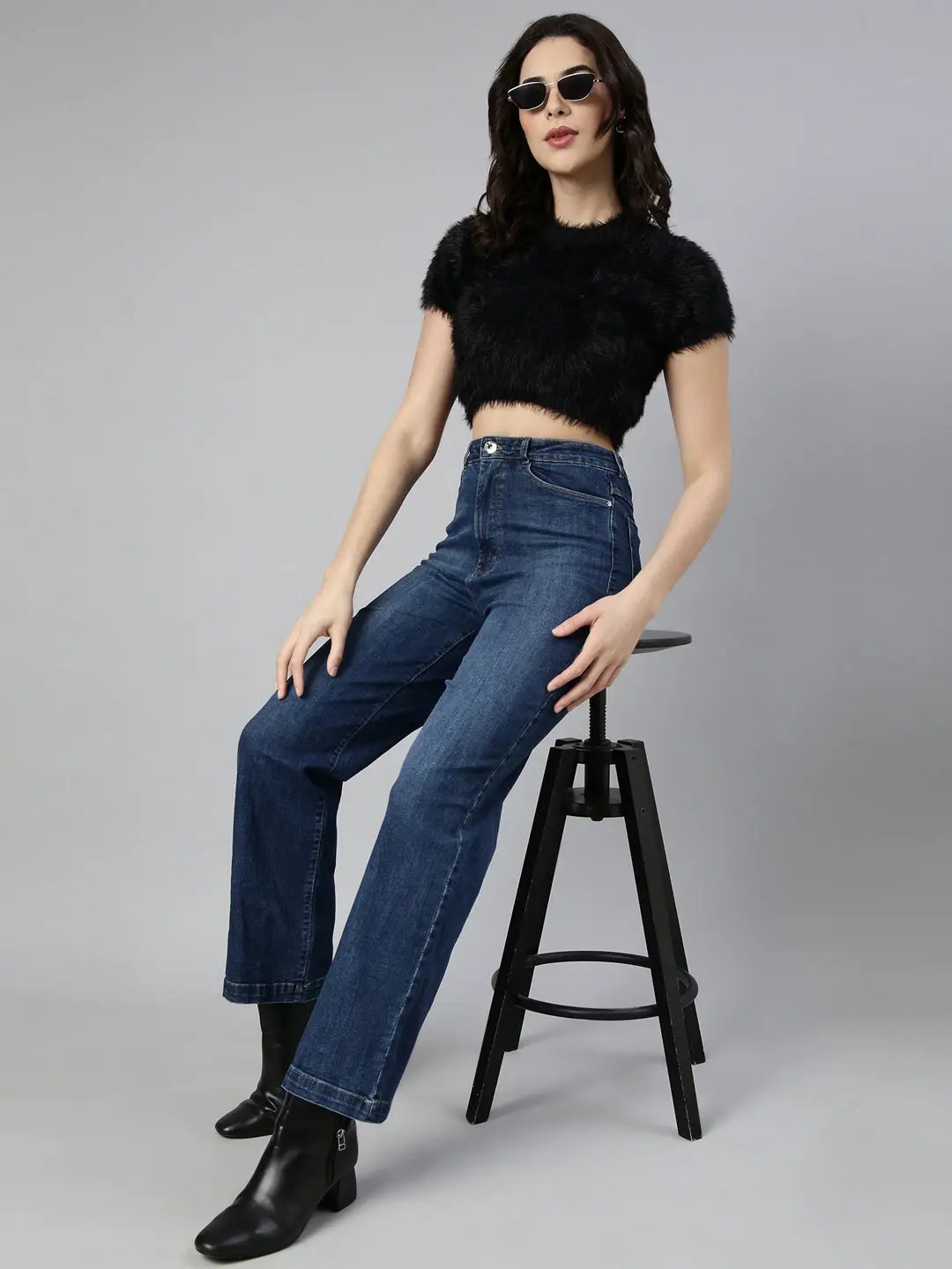 Women's Black Self Design Fitted Crop Top
