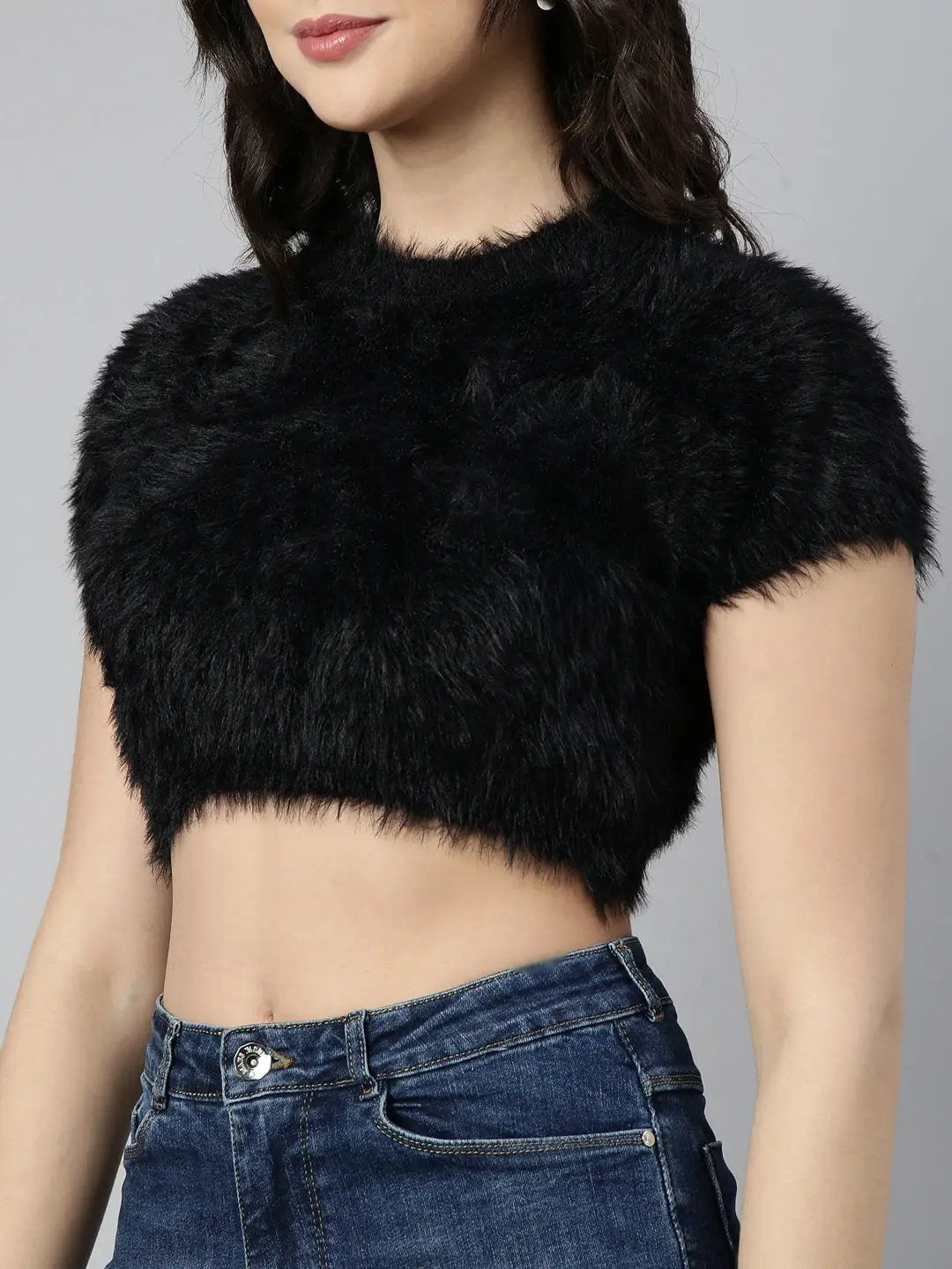 Women's Black Self Design Fitted Crop Top
