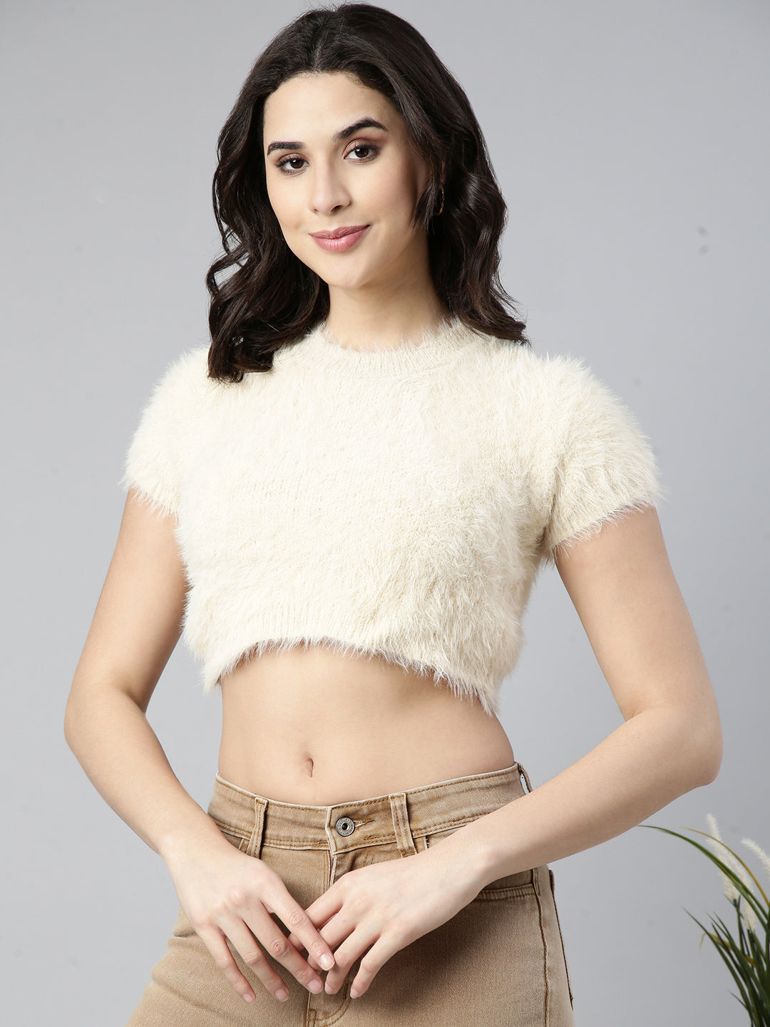 Women Solid Cream Crop Top