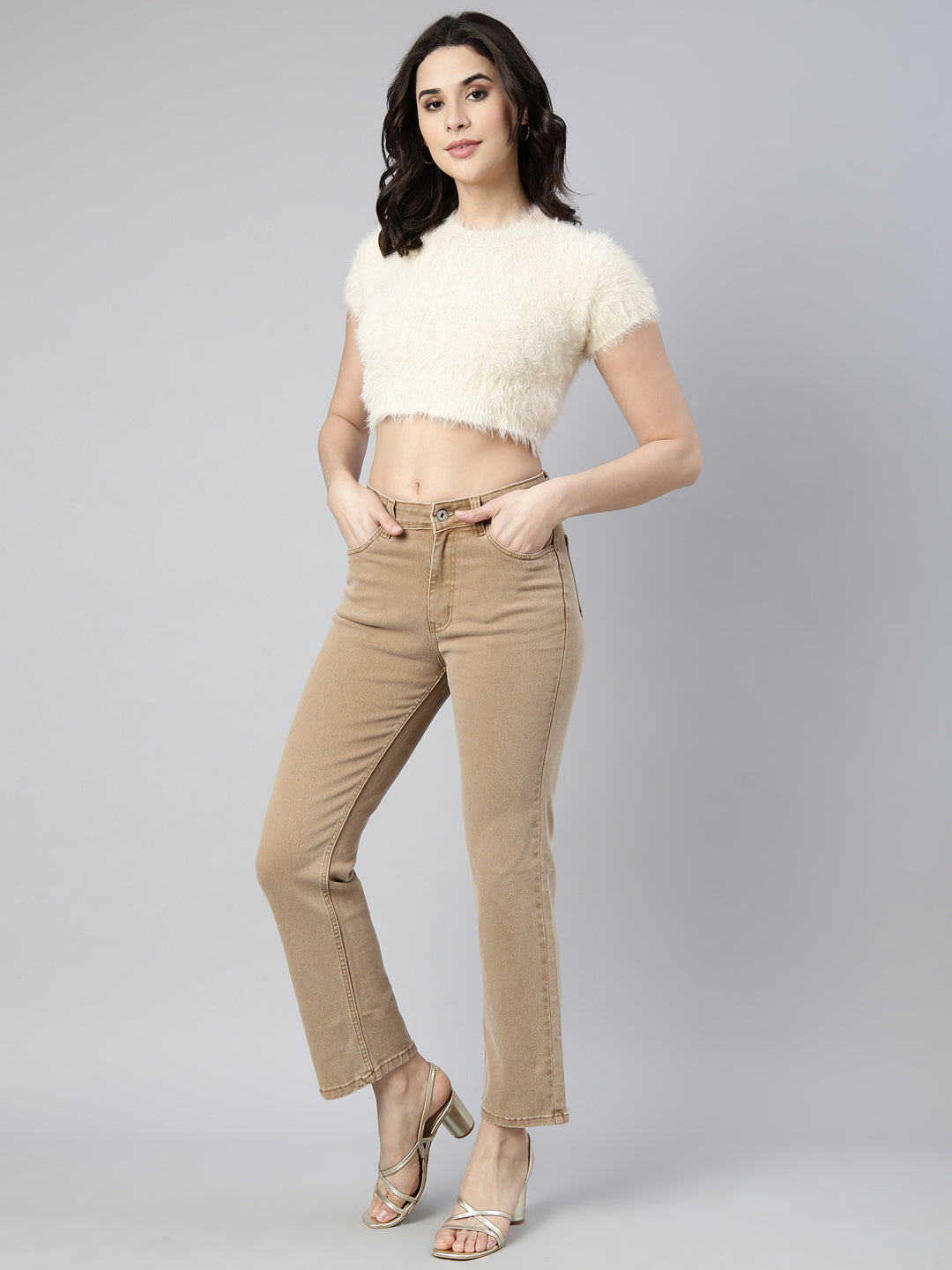 Women Solid Cream Crop Top