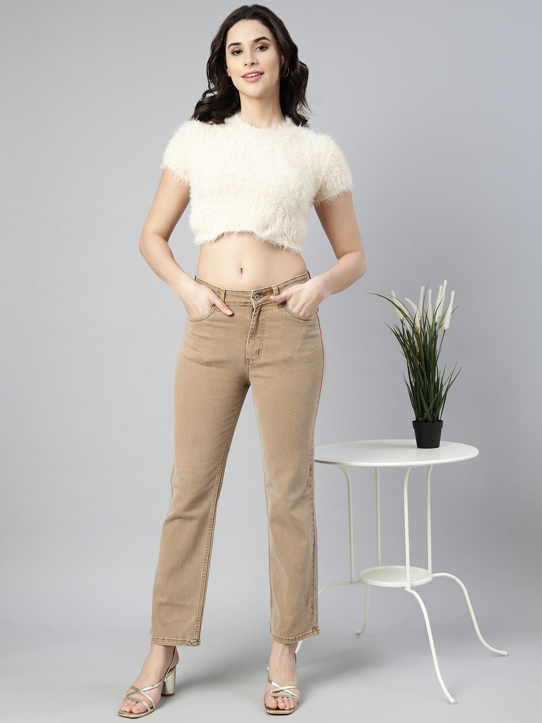 Women Solid Cream Crop Top