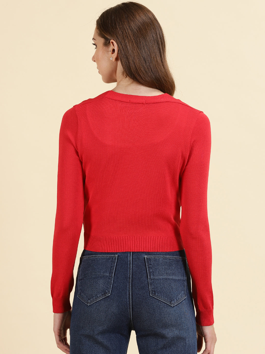 Women's Red Solid Front-Open Sweater