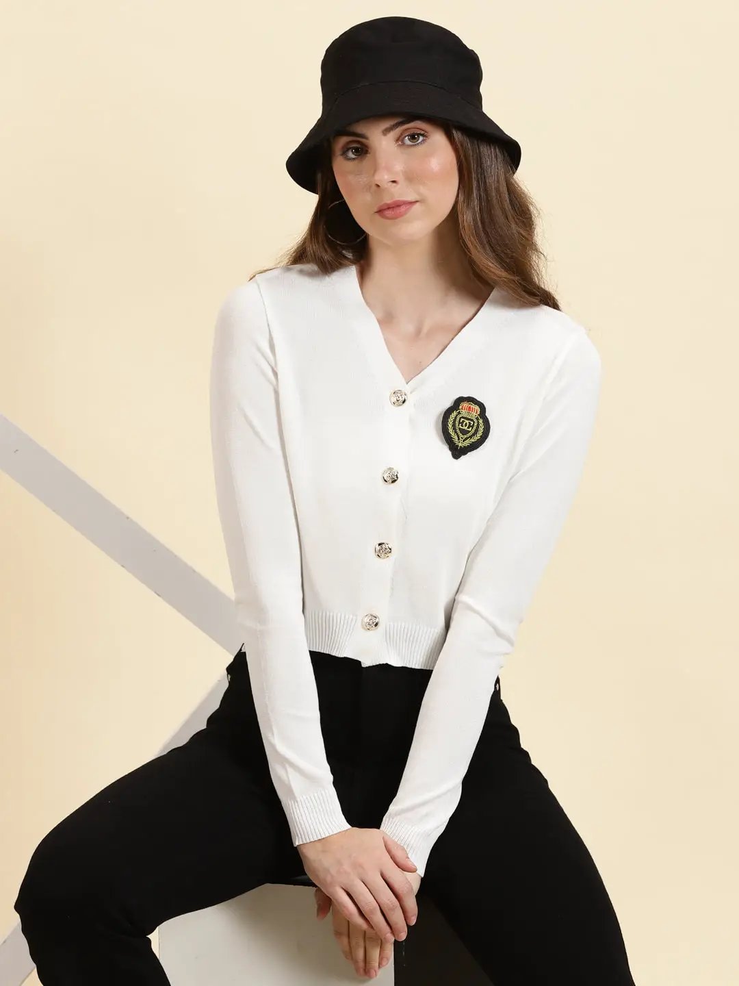 Women's White Solid Front-Open Sweater