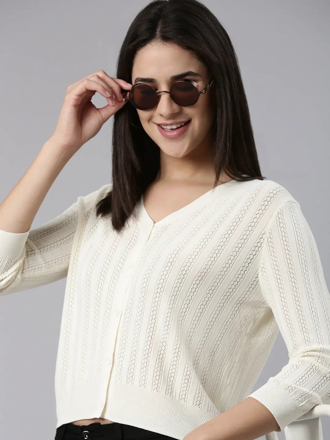 Women's Cream Solid Front-Open Sweater