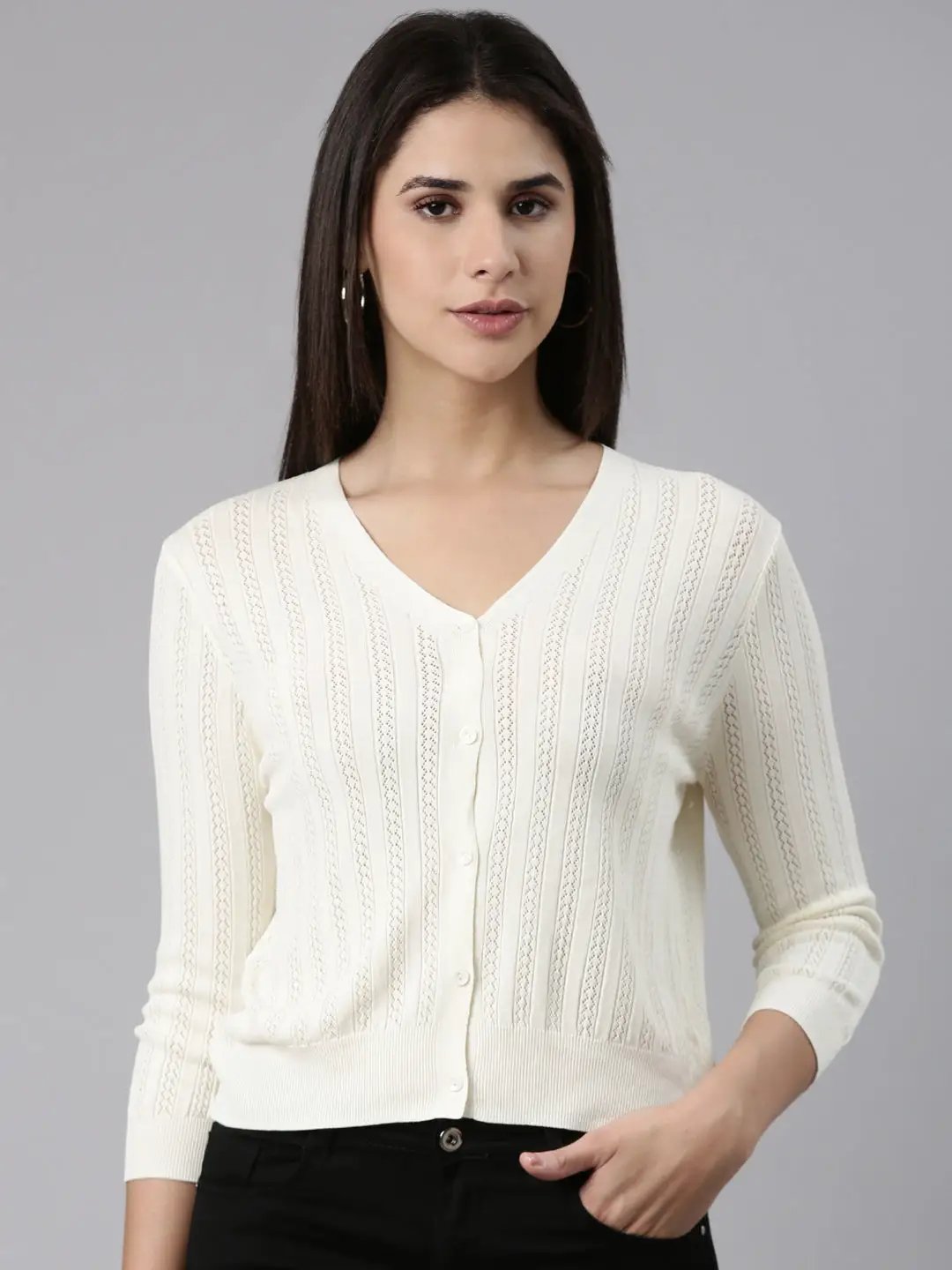 Women's Cream Solid Front-Open Sweater