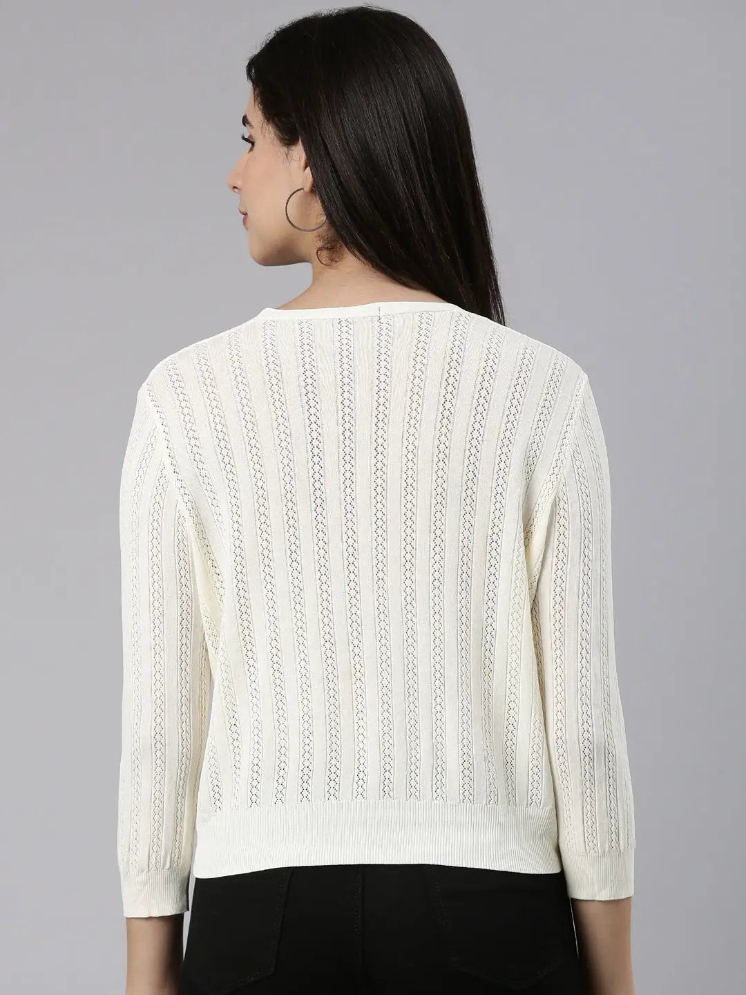 Women's Cream Solid Front-Open Sweater