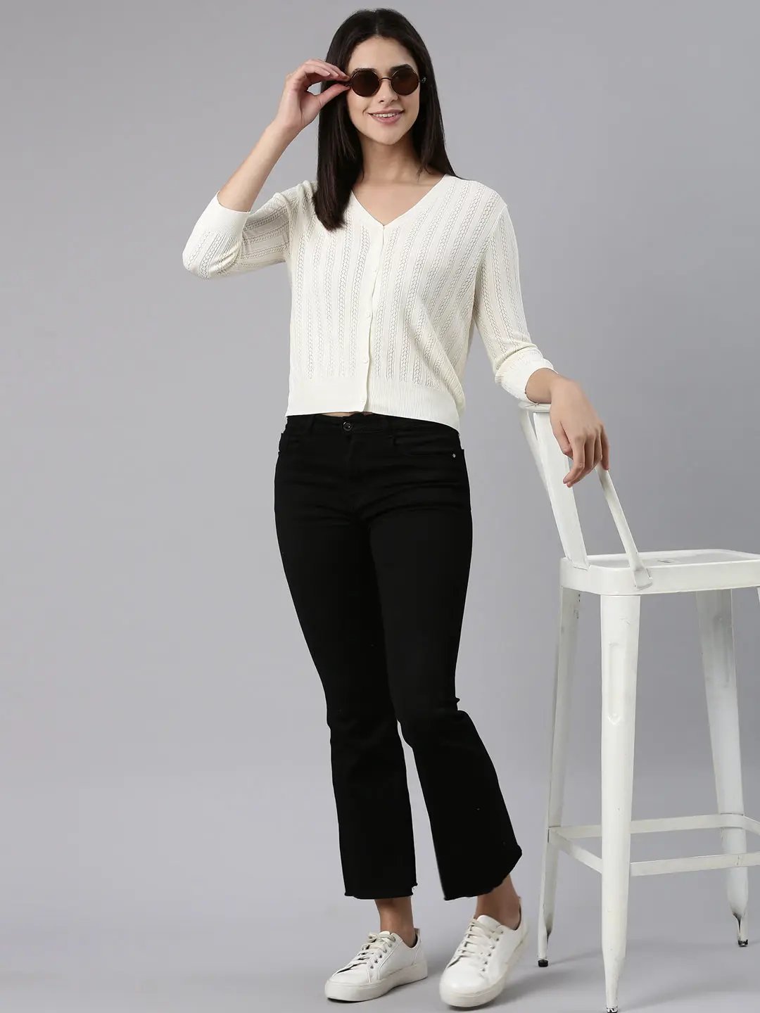 Women's Cream Solid Front-Open Sweater